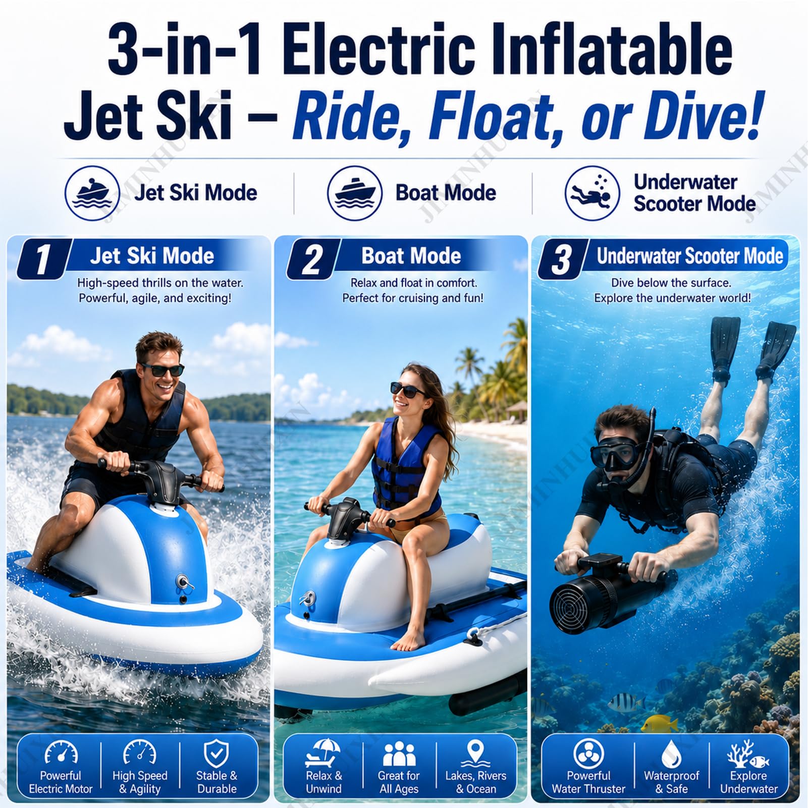 Barca Hinchable con Motor 500W/700W, Moto acuática Inflable eléctrica 150/200kg, Lancha EléCtrica De Verano para 2 Personas con Scooter Subacuático, 10 Velocidades, para Pesca y mar