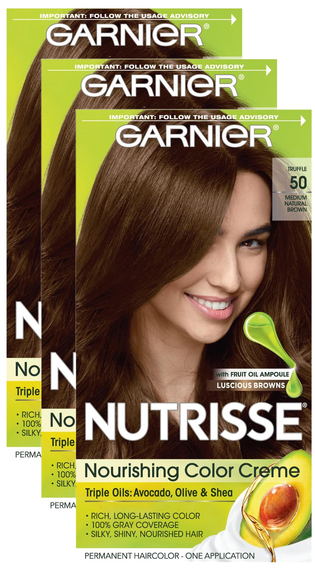 Garnier Nutrisse Nourishing Hair Color Creme, 50 Medium Natural Brown (Truffle) (Packaging May Vary) (Pack of 3)
