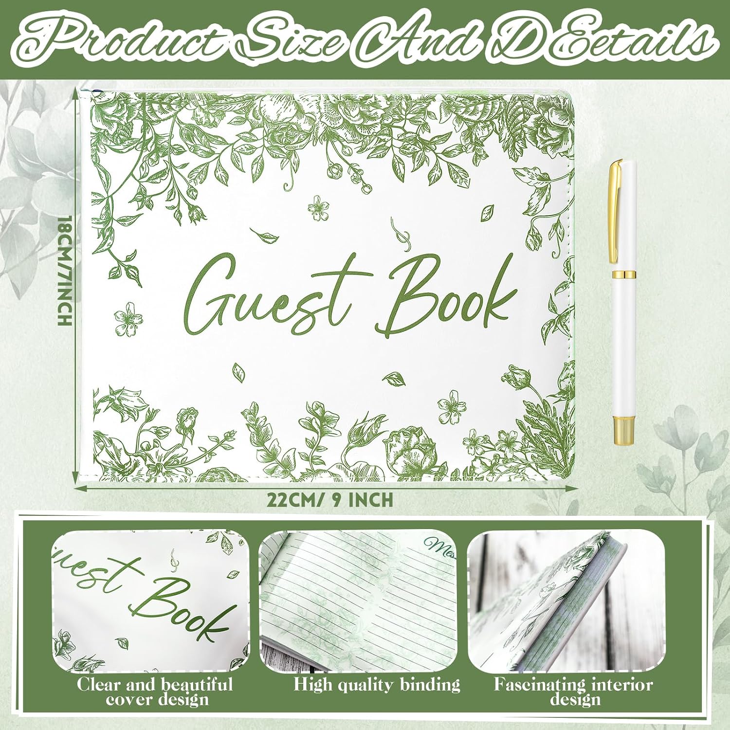 Panelee Wedding Guest Book with Pen 7''x9'' for Reception,Green,Flower