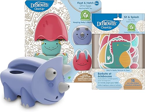 Dr. Brown's CleanUp Bath Time Essentials, Sit & Splash - Calcomanías de baño antideslizantes para dinosaurios, flota y eclosiona, juguete de baño