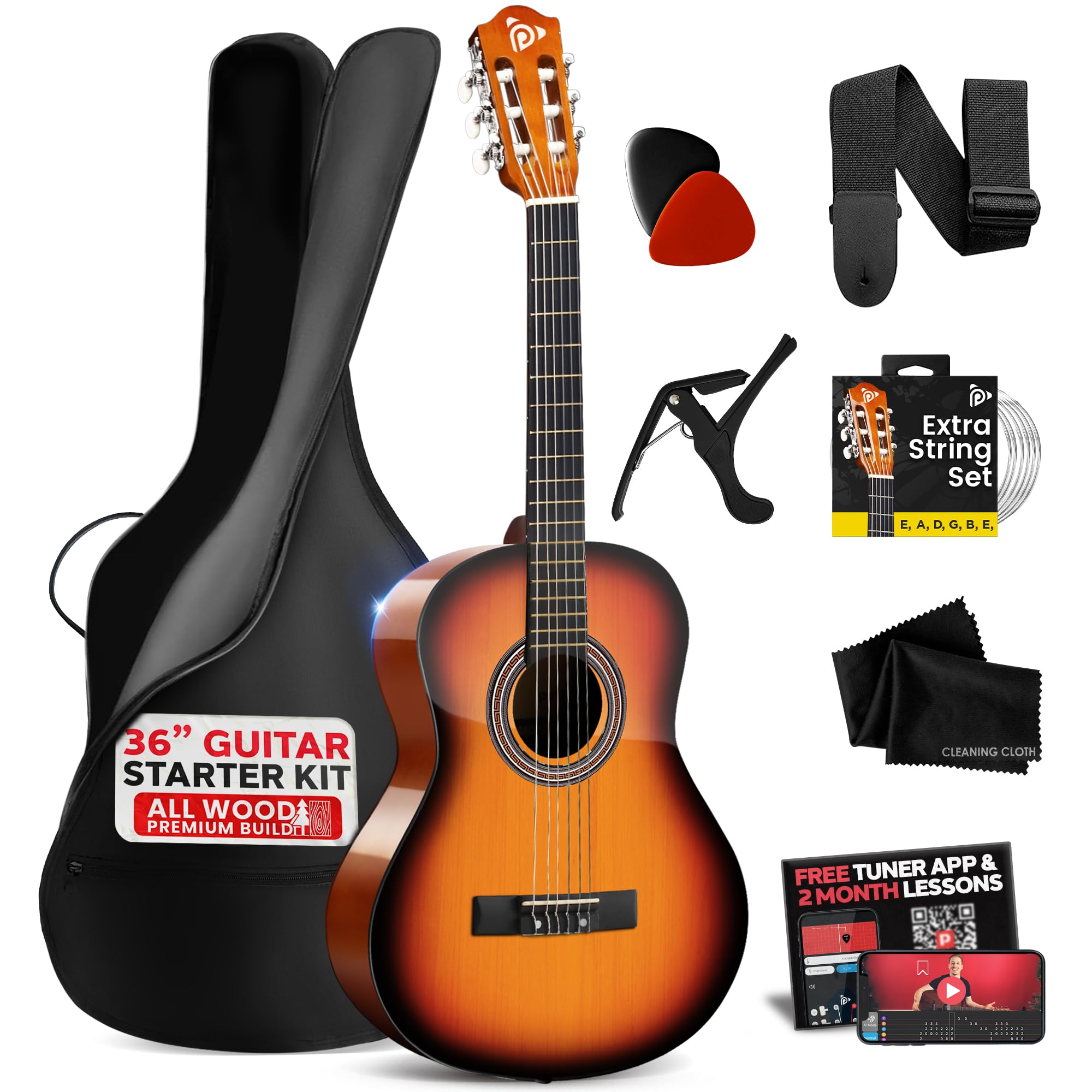 PYLE 36" Classical Acoustic Guitar Kit-3/4 Size Handcrafted Linden Wood Sun Burs