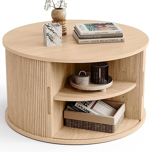 LINSY HOME Mesa auxiliar redonda, mesa de centro de tambor de 31.5 pulgadas con puerta corrediza de tambor, mesa central acanalada con