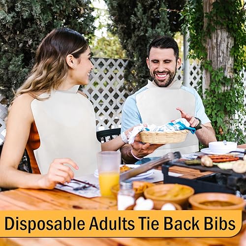 Miniatura 5 de Paquete de 100 baberos desechables, baberos para adultos, para mujeres y hombres, impermeables y a prueba de aceite, babero de plástico con lazo