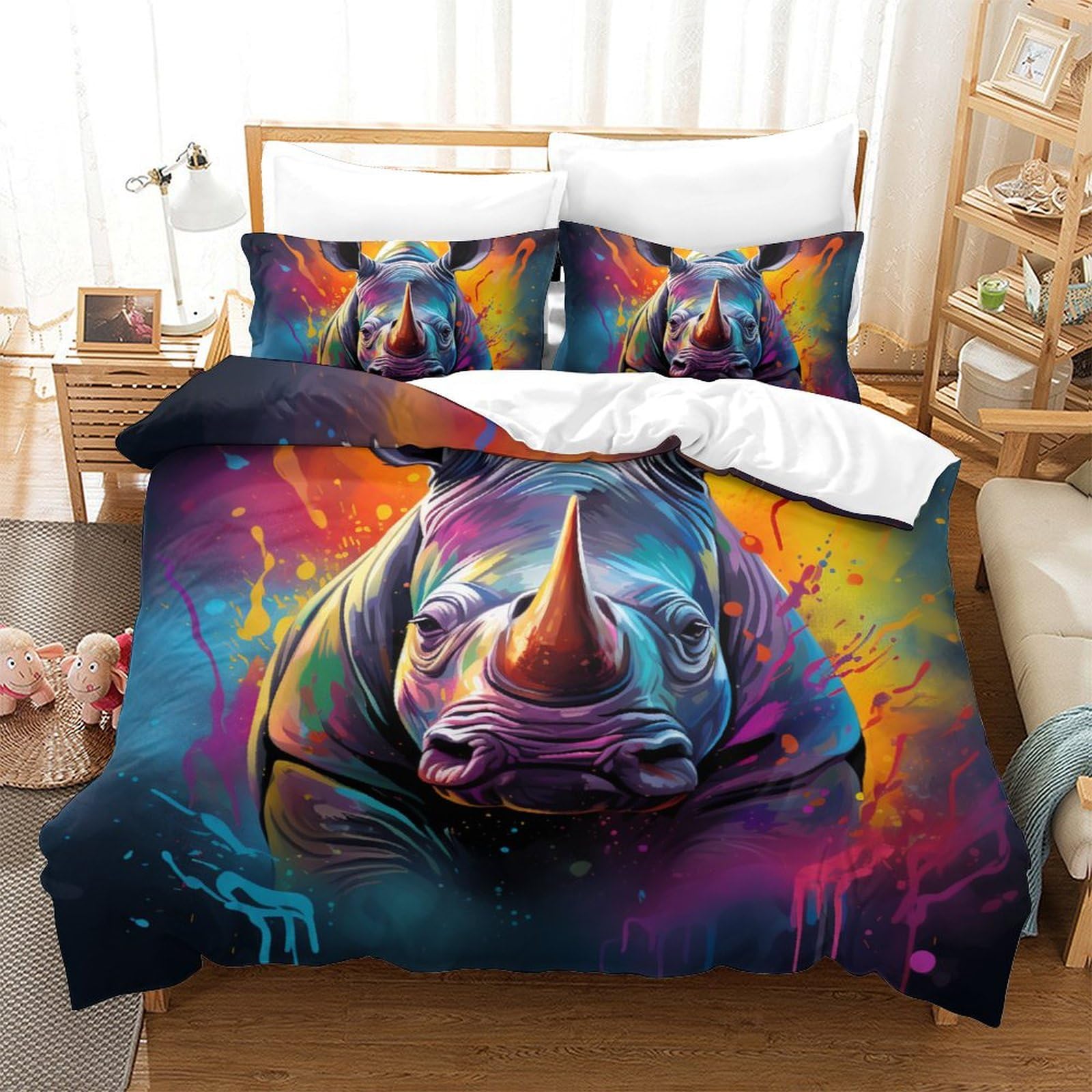 Parure de lit rhinocéros 3D avec housse de couette 220x240 cm et taies