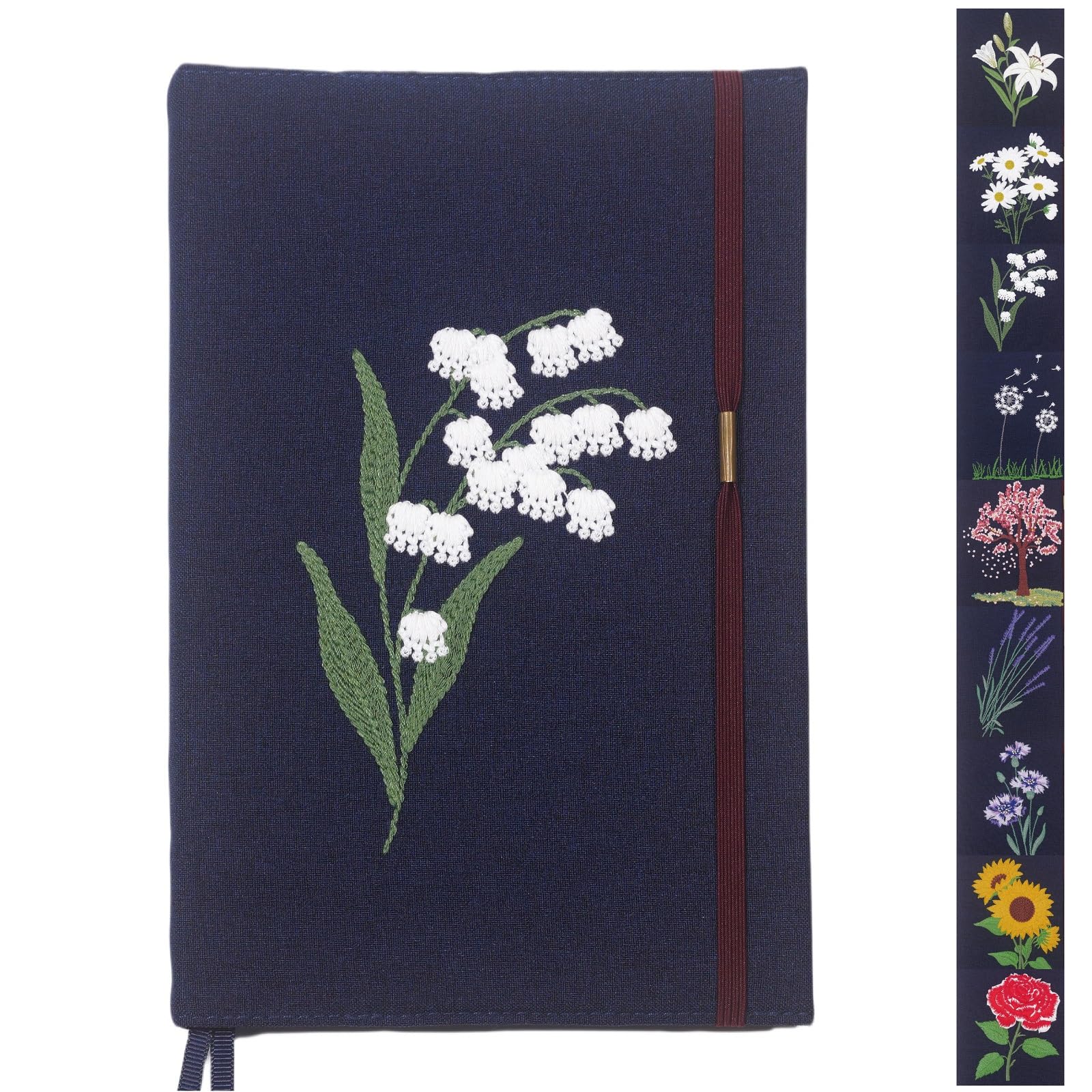 FRORA Embroidered Journal Notebook, Hardcover, Dotted line, (Dark blue, Lily of valley), 192 Pages, Medium 5.8 inches x 8.6 inches - 80 GSM thick
