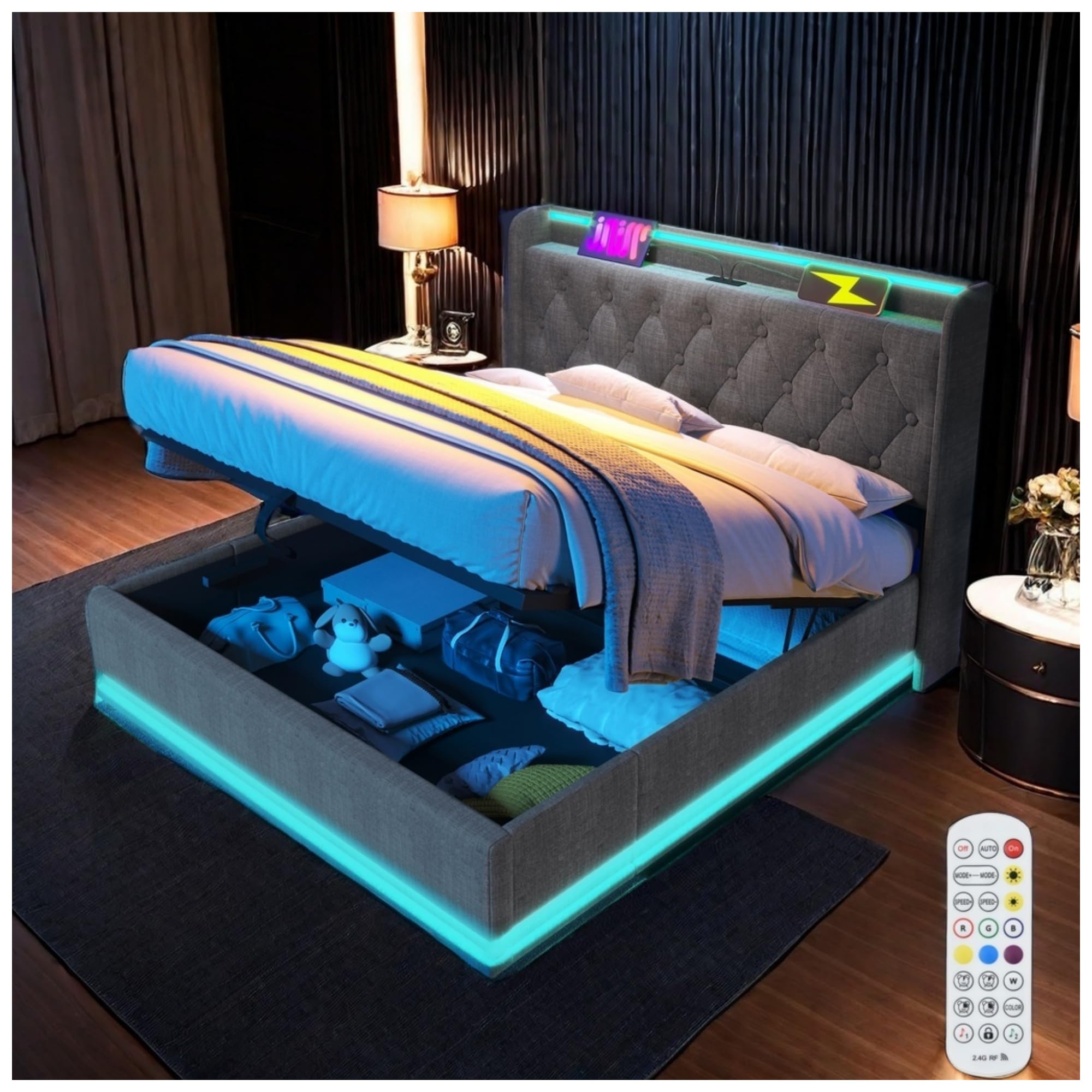 Letto contenitore doppio 160x200 cm, letto una piazza e mezza,letto imbottito con porte USB, illuminazione a LED e sistema idraulico, tessuto in lino, grigio (senza materasso)