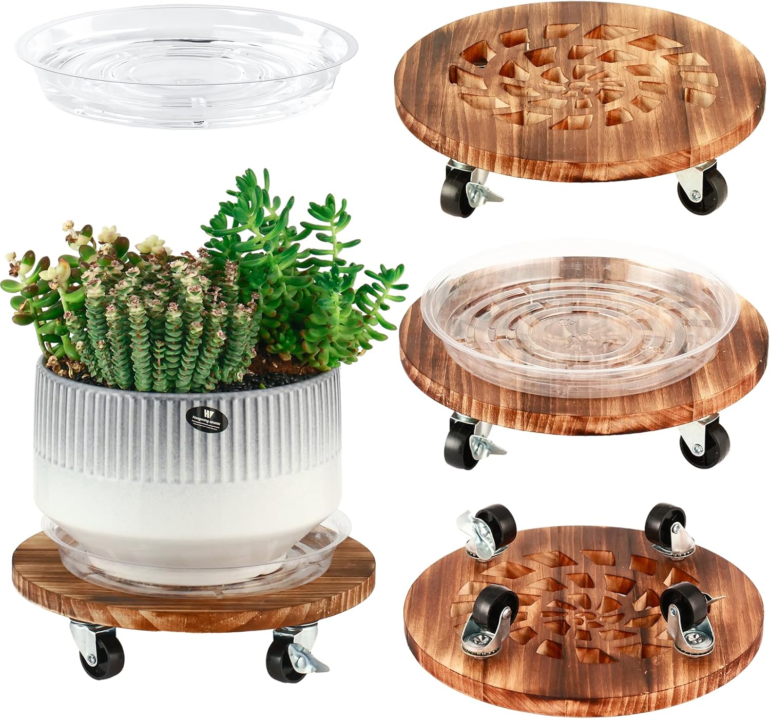 4 Pack Plant Caddy with Wheels Heavy Duty 12 Inch Wooden Plant Stand with Wheels Plant Dolly Rolling Plant Stand Plant Roller with Casters for Indoor and Outdoor with 4 Pack Plant Saucers, Round