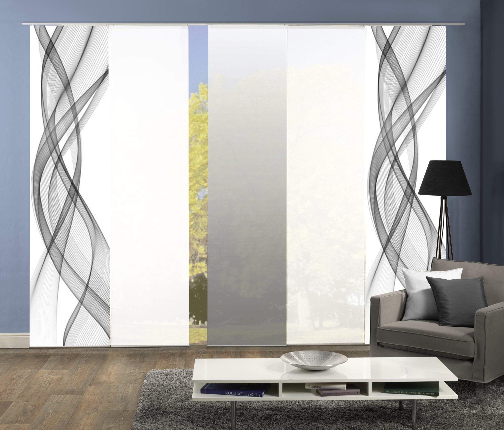 5er-Set Flächenvorhang, Deko Blickdicht, Mariella, Höhe 245 cm, 2X Dessin grau / 2X Uni weiß Blickdicht / 1x Farbverlauf grau