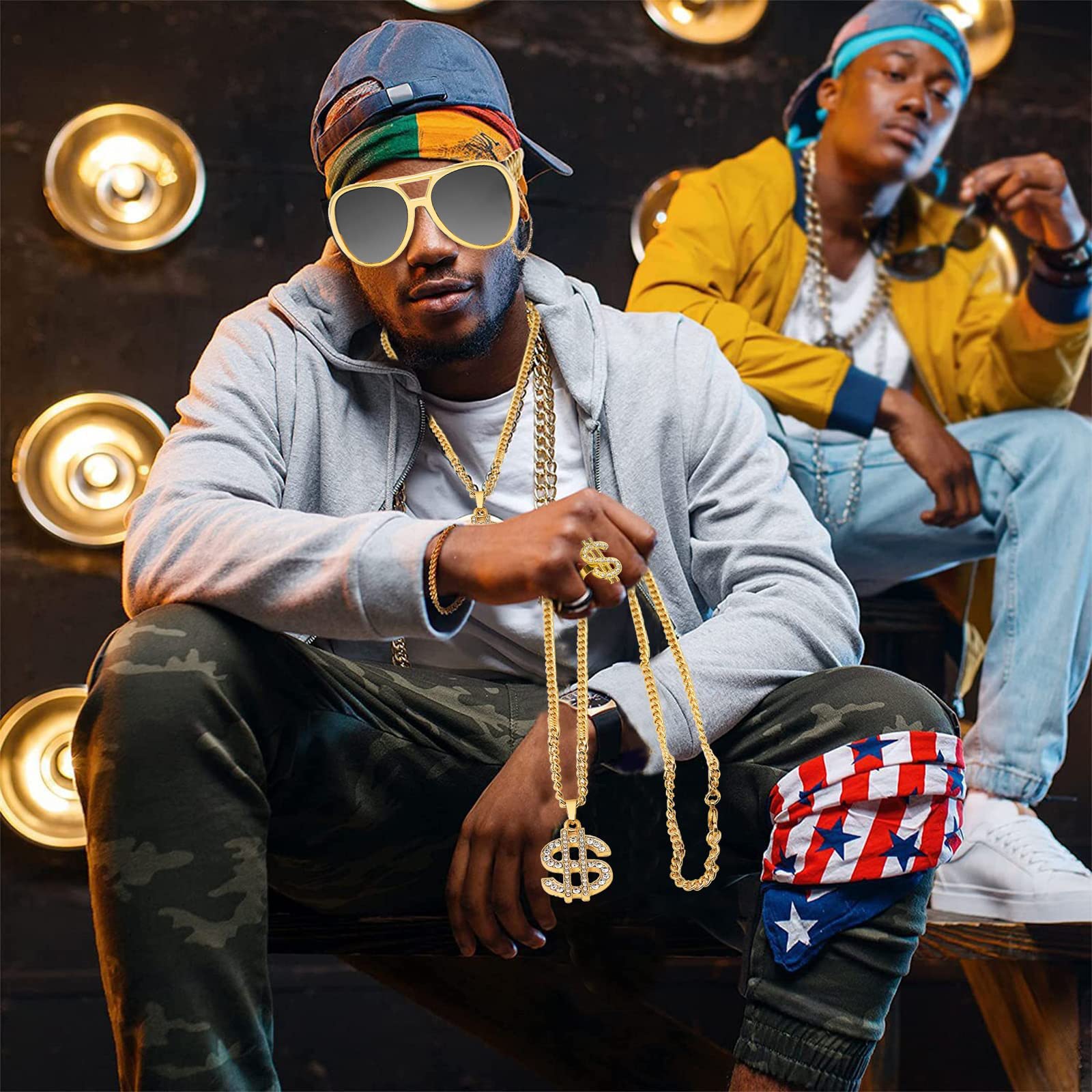 Chaîne Plaqué De Signe Dollar, Ensemble De 5 Pièces Kit De Chaîne De Dollar,Avec Bague Dollar, Collier Dollar, Convient à La Plupart Des Garçons Homme Idéal Pour Le Rappeurs,Hip Hop,Gangsters Cosplay