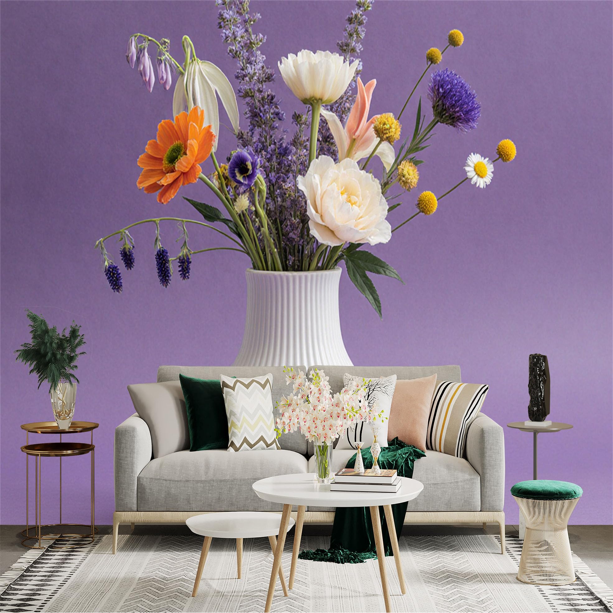 Custom Size Wall Sticker Mural， Elegant Bouquet in White Vase， Spring Wildflowers， Purple Background， Floral Home Decor， for wall Decoration， peelandstick wall Decals.