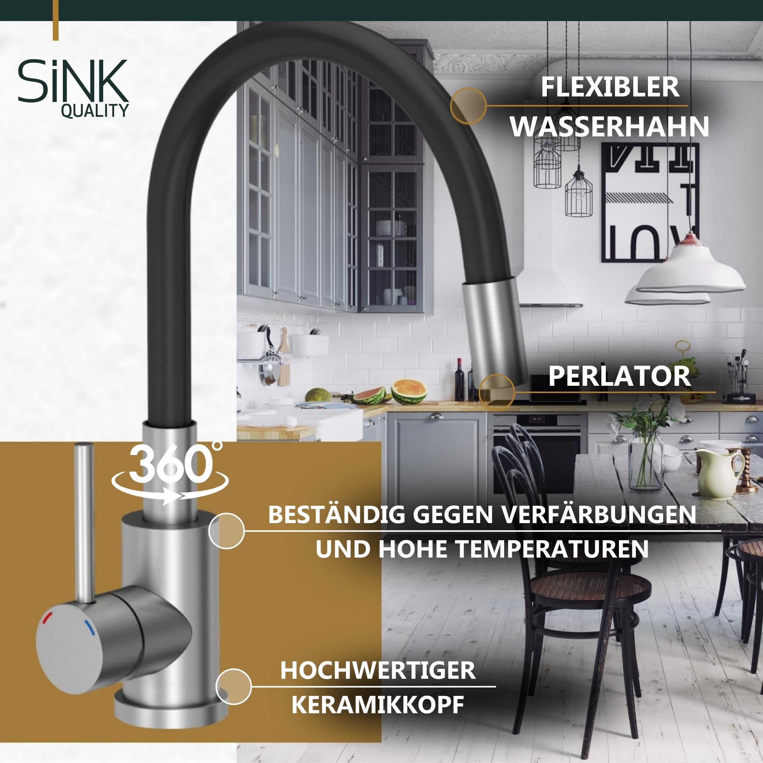 SINK QUALITY Spülbecken Komplettset mit Armatur 60x50 cm - Küchenspüle schwarz gesprenkelt mit Abtropffläche - Küchenarmatur, Seifenspender, Sieb, Siphon - Spüle links für 40er Unterschrank