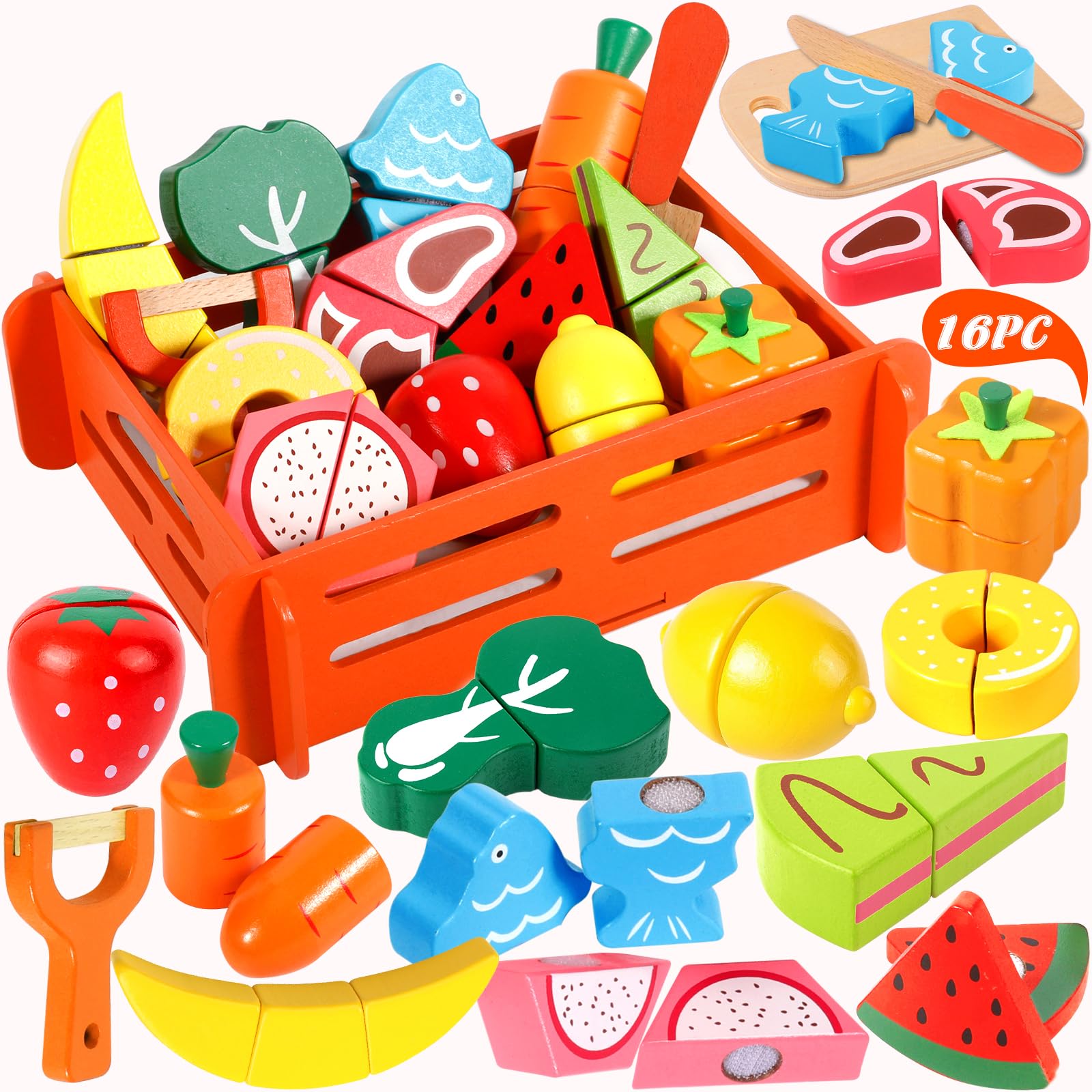 ENCOUN Frutas y Verduras Juguete, Accesorios Cocina Juguetes de Madera, Comiditas de Juguete para Cortar, Alimentos Juguetes Accesorios, Juguetes de Imitación, Juegos Educativos Regalo Niño 2 3 4 Años