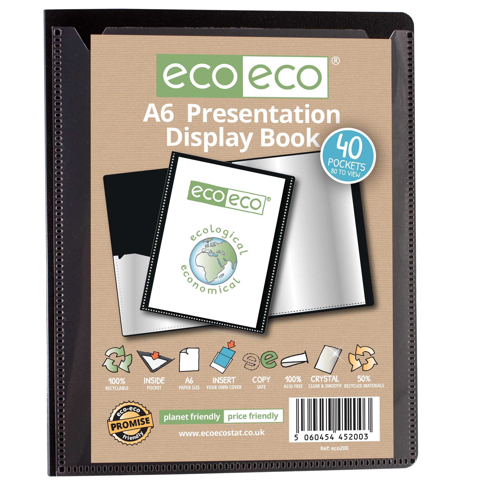 eco-eco A6 Size 50 Percent Recycled 40 Pocket Black Presentation Display Book, Storage Case Portfolio Art Folder with Plastic Sleeves, eco200