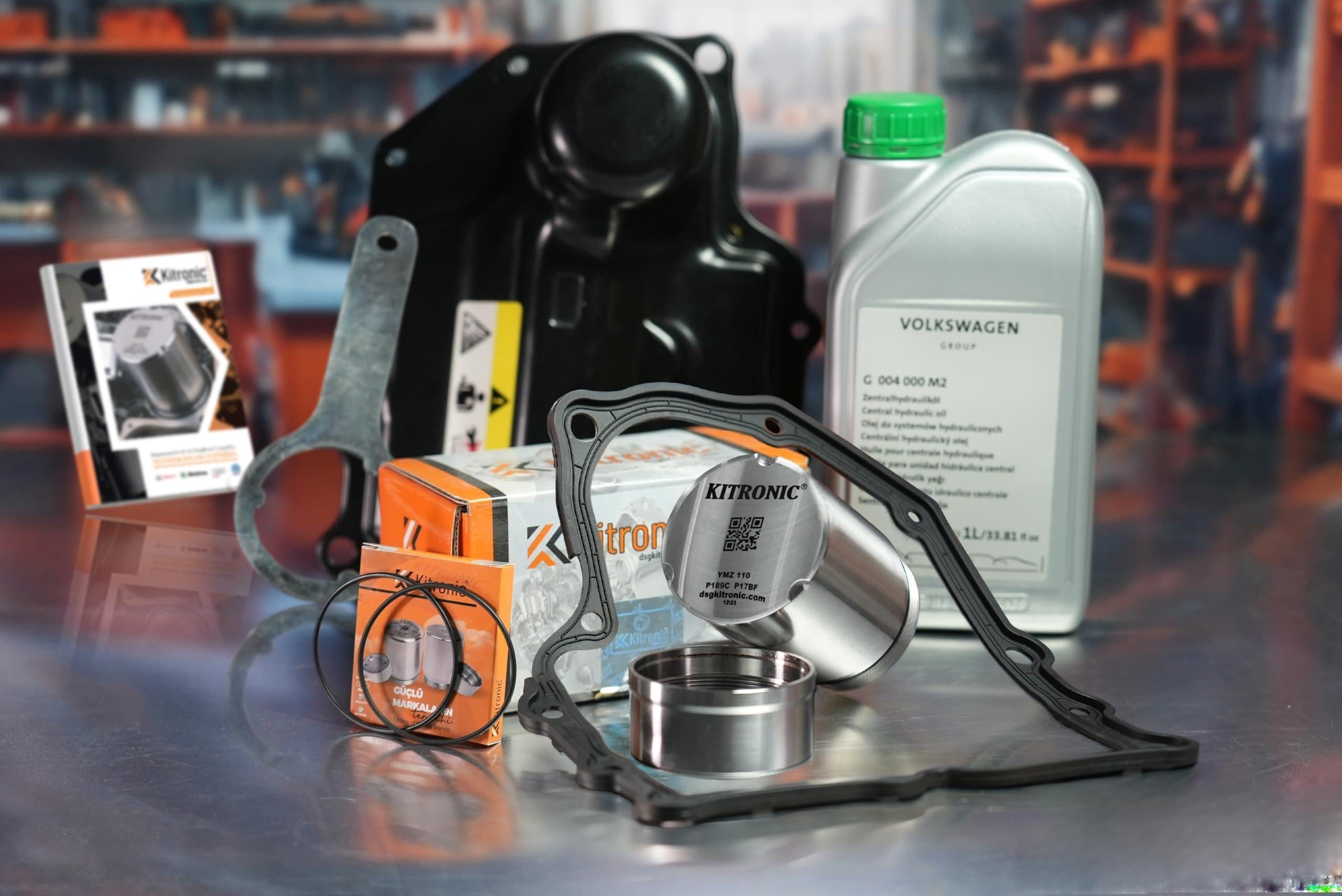 Kit di riparazione accumulatore di pressione KITRONIC DQ200 per DSG, 7 velocità a secco 0AM compatibile con VW | Con chiave di montaggio, guarnizione, coppa dell'olio e 1L di olio meccatronico VW