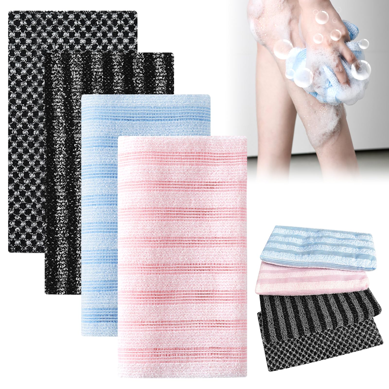 Vluvla Men's Black/Pink/Blue Exfoliating Antibacterial Shower Towel, Japanese Exfoliating Shower Towel, Back Exfoliator, Double-Sided Washcloth, Wash Cloth Body For & Wo