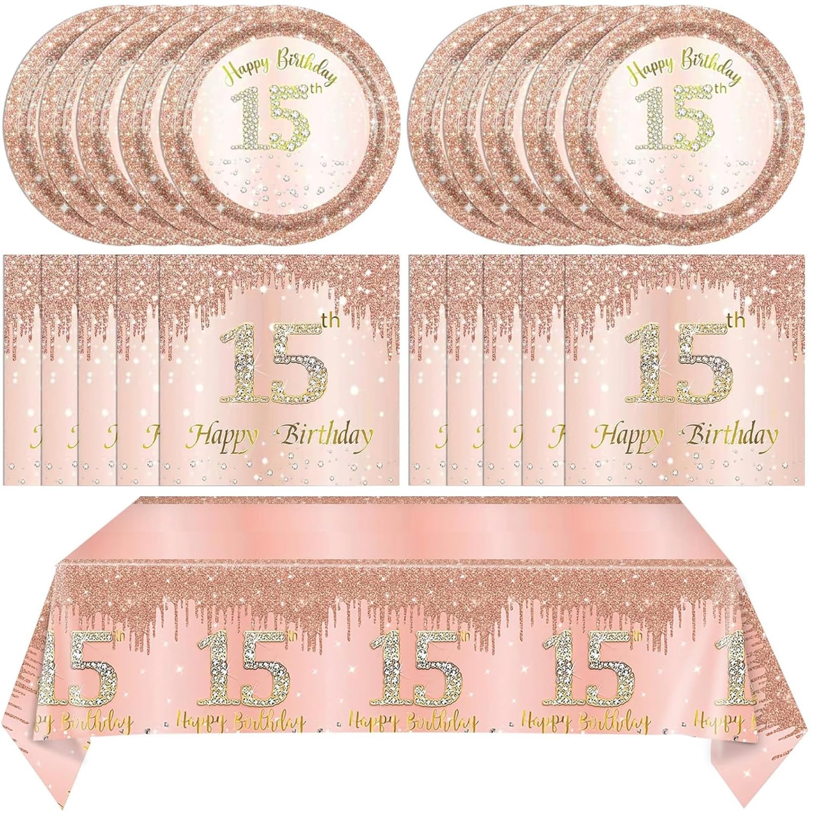 15th Birthday Decorations for Girls,Rose Gold 15 Year Old Birthday Party Supplies Include 15th Birthday Party Plates and Napkins,Tablecloth Kit,15 Birthday Tableware Set for Girls Teen Party Decor