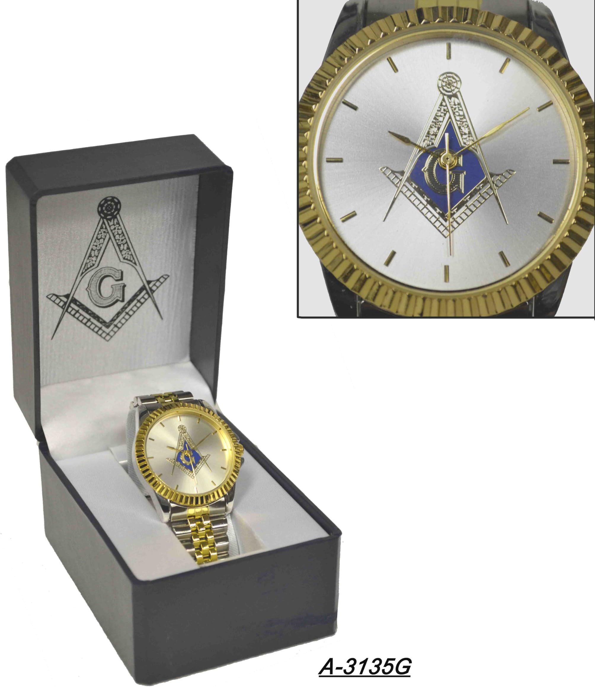 Masonic Two Toned Stainless Steel Wristwatch Foundation Symbol of Freemasons