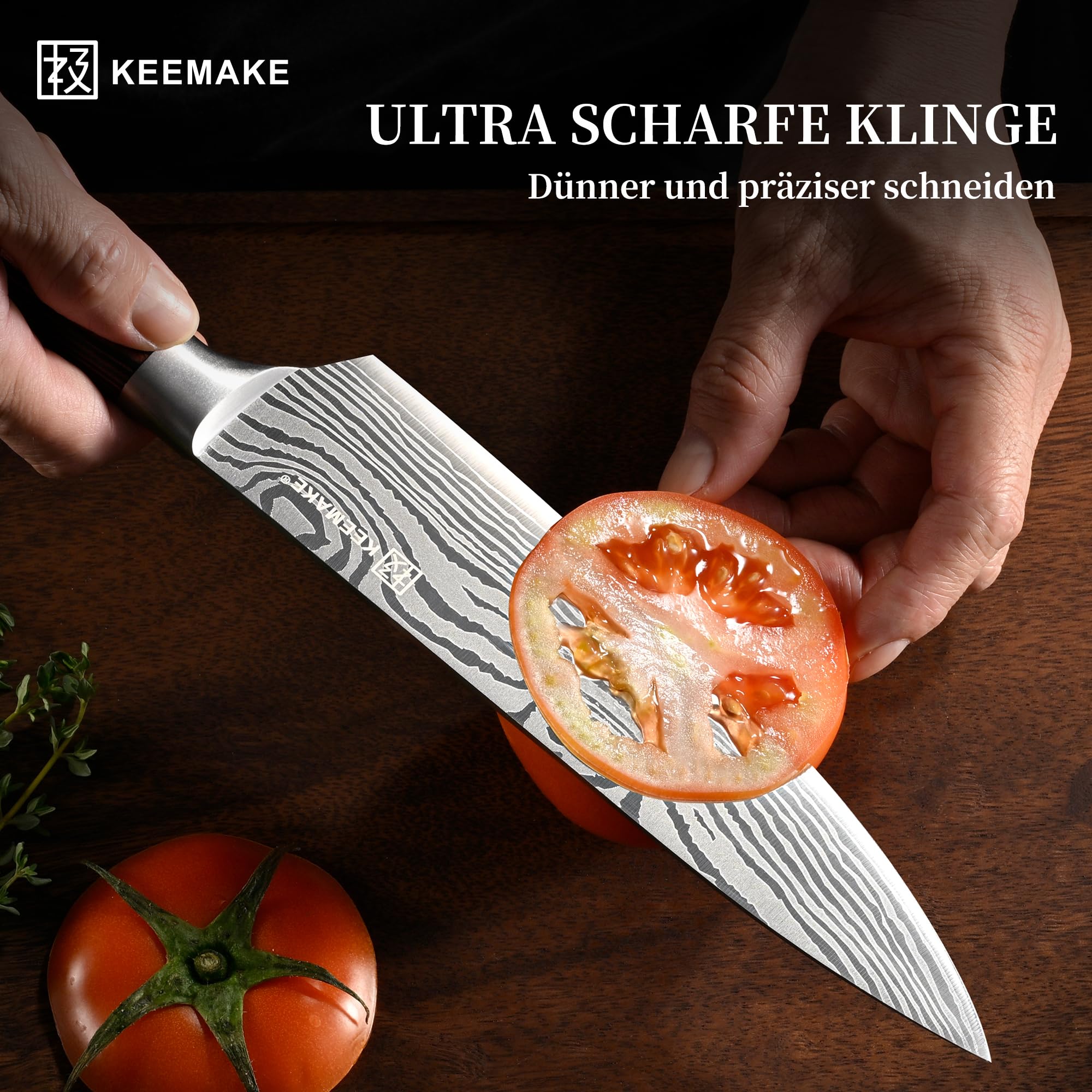 KEEMAKE 5-teiliges Profi Messerset Küchenmesser Set aus scharfem Edelstahl - Japanisches Kochmesser Design mit Pakkaholz Griff, inkl. Santoku, Brotmesser & Geschenkbox, Vatertagsgeschenk für Papa