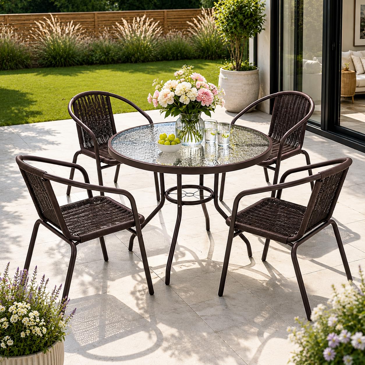 Emirates Living 5 Piece Outdoor Bistro Dining Set | 4 Chairs & Tempered Glass Table | Weather Resistant Garden Furniture Set for Patio, Balcony, Terrace, Conservatory & Outdoor Dining,Dark Brown