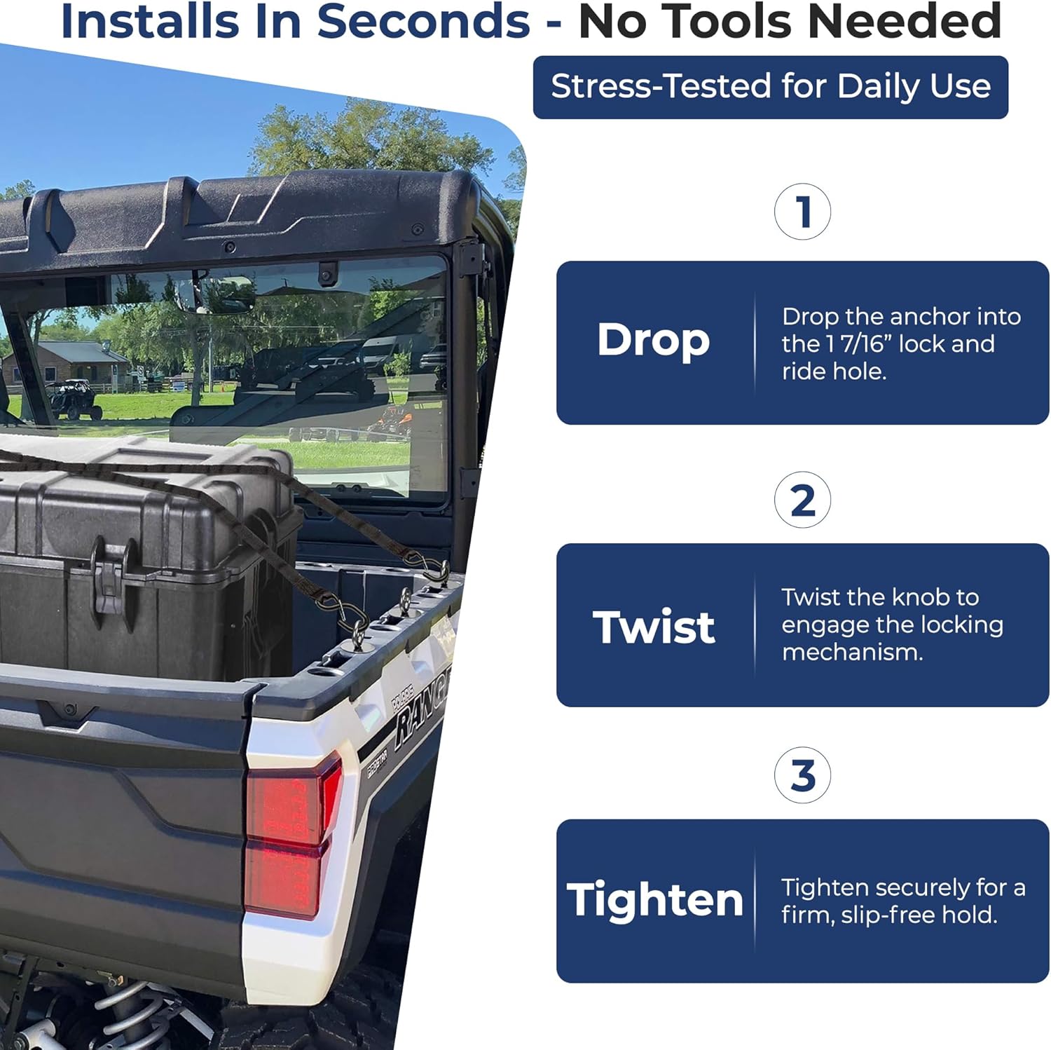 GripPRO ATV Anchors – 6 Pack Fits Polaris Lock & Ride Bed Holes on Ranger & General, Patented Tie Downs for Toolboxes, Coolers, Gear, Fits 1-7/16" Bed Holes, Not for RZR – USA Brand