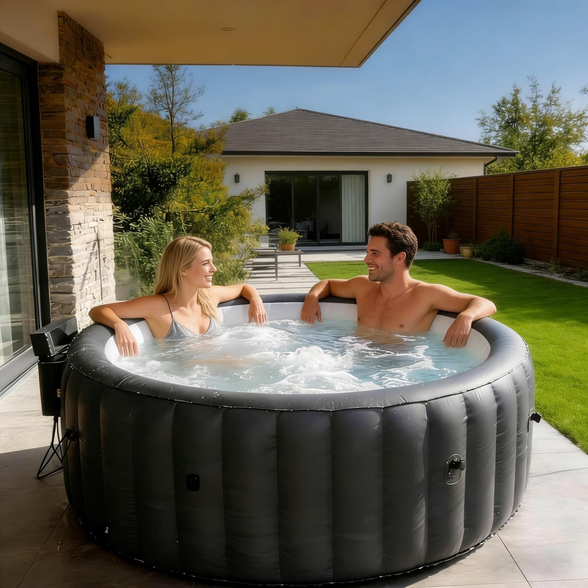 Spa Gonflable Polygonal 2 à 3 Personnes, en PVC étanche, avec Massage, 130 Jets de Bulles, éclairage LED et Appui-tête en Mousse. Usage extérieur.