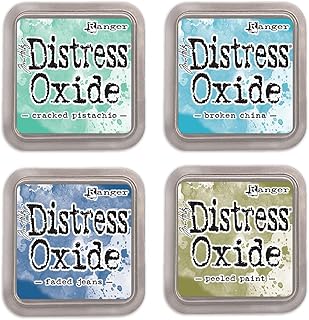 Ranger Tim Holtz Distress Oxide Ink Pads Bundle of 4 Colors - Cracked Pistachio, Broken China, Faded Jeans and Peeled Paint