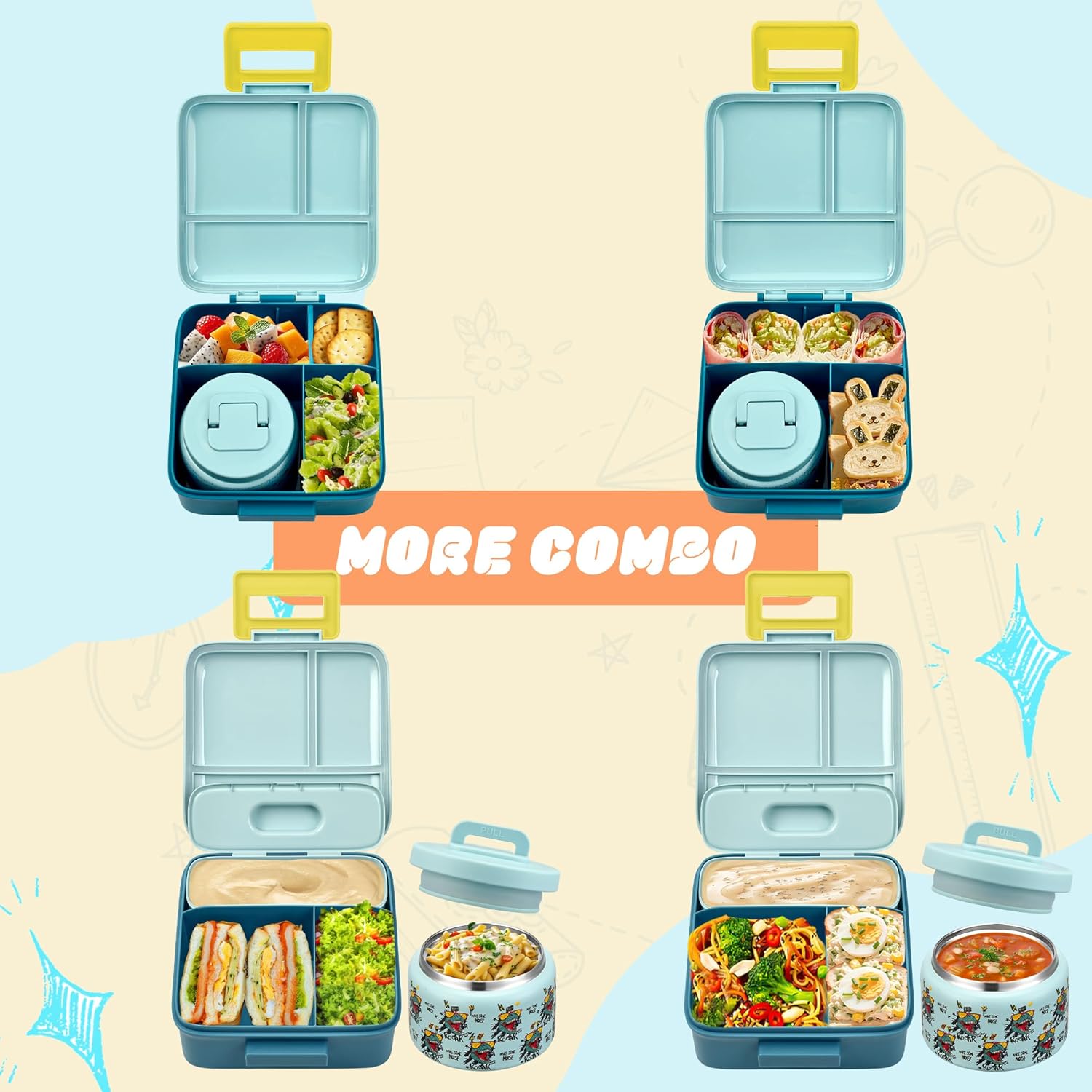 Bento Lunch Box for Kids with 8oz Soup Thermo Leak-Proof Lunch Food Containers with Snack Sauce Container for Kid Girls Boys to School (Screaming Dinosaur) - Image 5