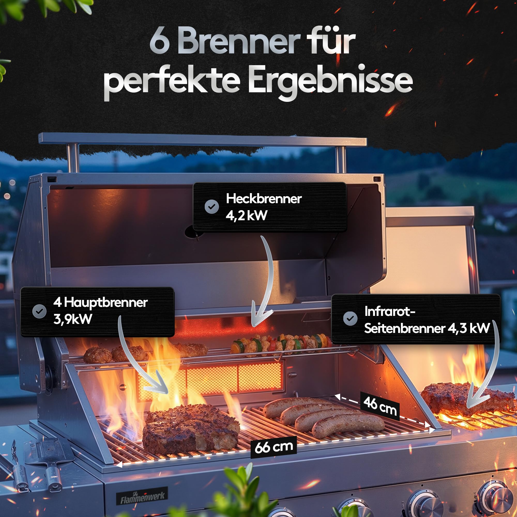 Outdoor Küche Edelstahl 6-Brenner 24,1 kW - Spüle Kühlschrank | inkl. Abdeckhaube, 4x langlebige Edelstahlguss Brenner, Infrarot Seitenbrenner Hot Zone & Backburner, Maße 248x63,5x121 cm