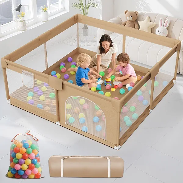 Deeteck Large Baby Playpen 64x64 Inch Play Pen Playards,Playpen for Babies and Toddlers with 50 Ocean Balls-Sturdy Safety Baby Fence Play Area with Soft Breathable Mesh for Indoor & Outdoor,Khaki