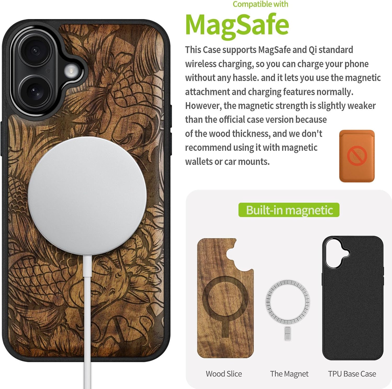 Carveit Magnetic Wooden Case for iPhone 17 Case, Wood Artisan Engraved & Black Soft TPU Shockproof Cover, Compatible with MagSafe Wireless Chargers (Flowing Harmony) Walnut