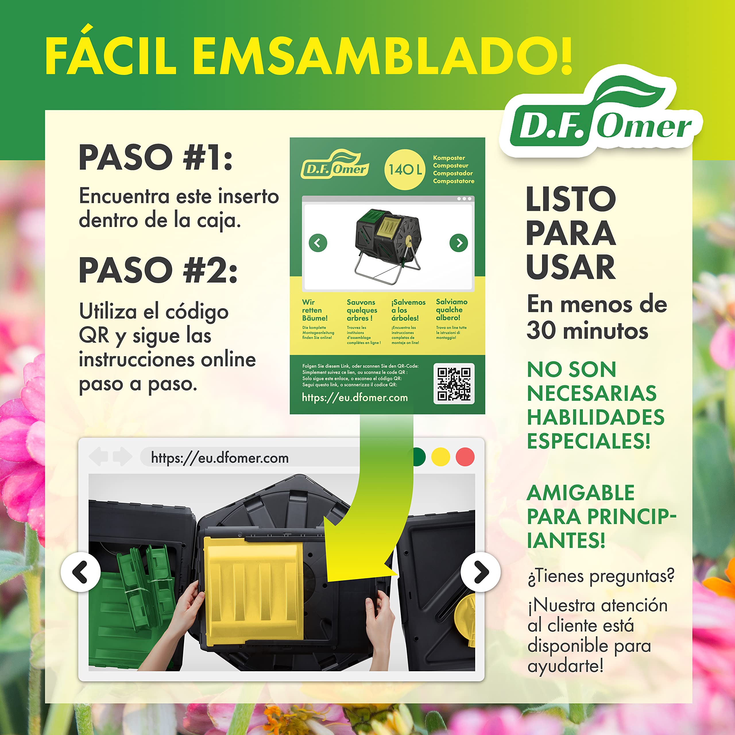 DF OMER Contenedor Doble Cámara para Abono – con Sistema Easy Turn 2 Puertas Corredizas, Marco De Acero Resistente - Sin BPA, con Protección UV (70L / 18.5 GAL)