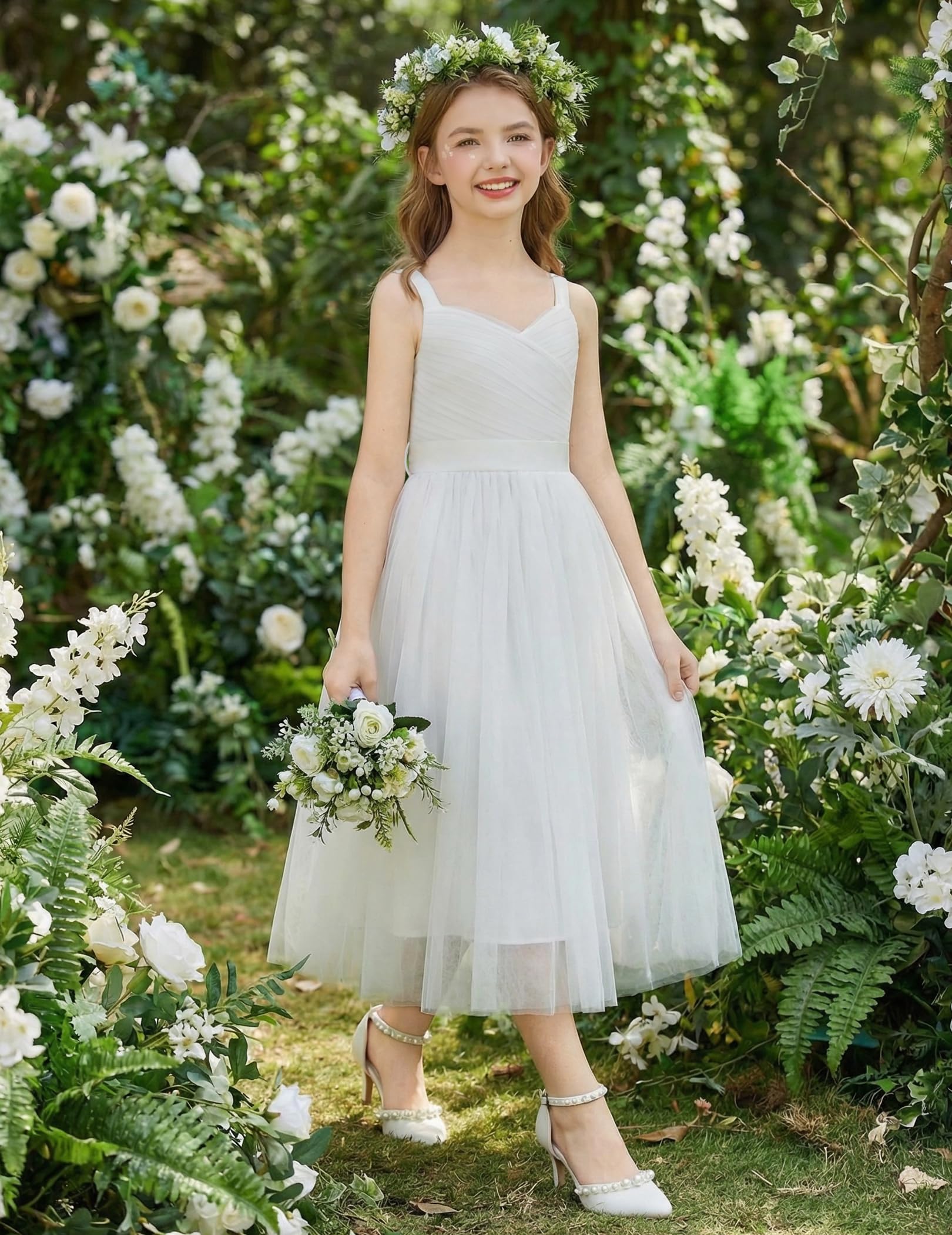 Arshiner Flower Girl Dress Spaghetti Strap Tulle Long Formal Wedding Pageant Party Fancy Princess Ball Gown Dresses — view 4
