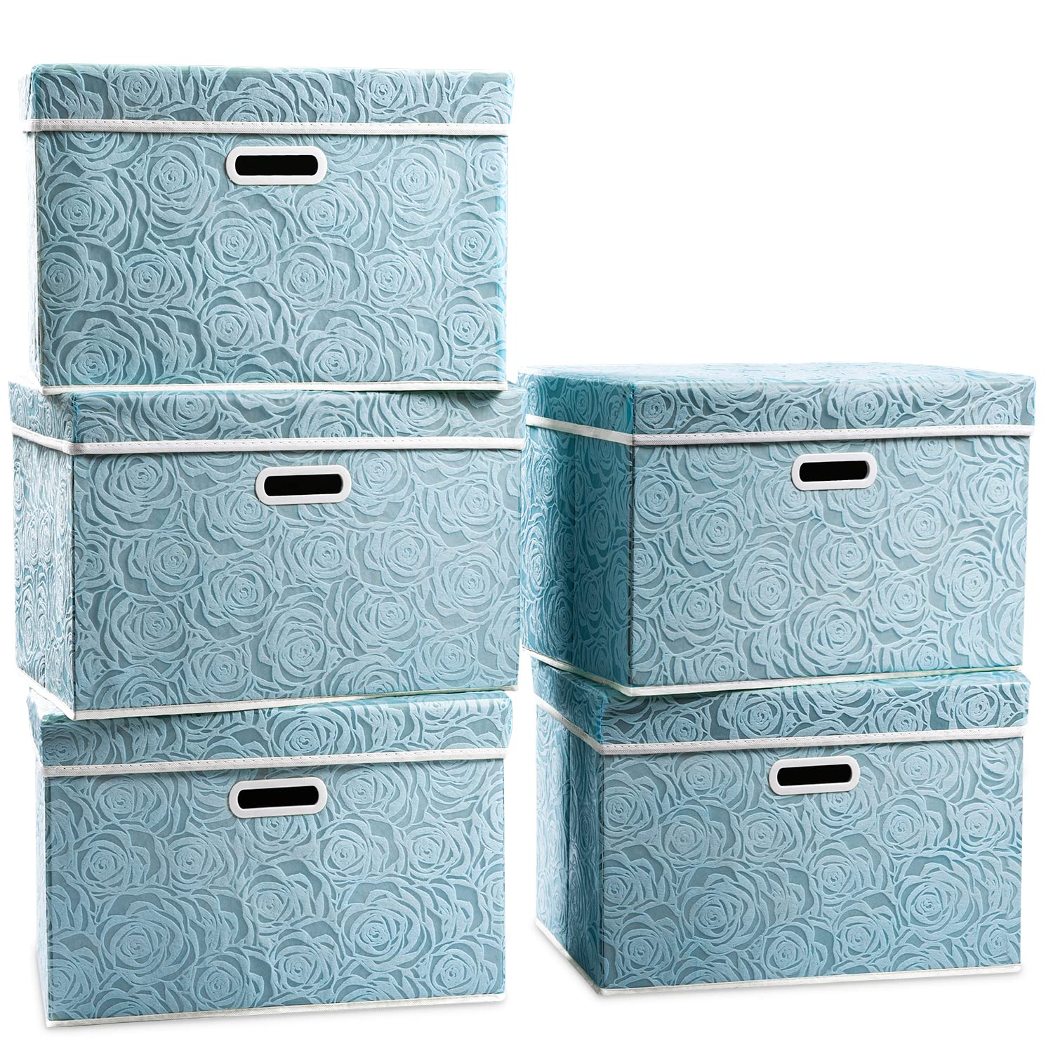 Prandom Storage Boxes with Lids Large.Rose Pattern Fabric Decorative Storage Box, Really Useful Box,Clothing Storage,Cubes Organizers,Collapsible,Stackable,43x30x30cm, Blue[5-Pack] — image 1