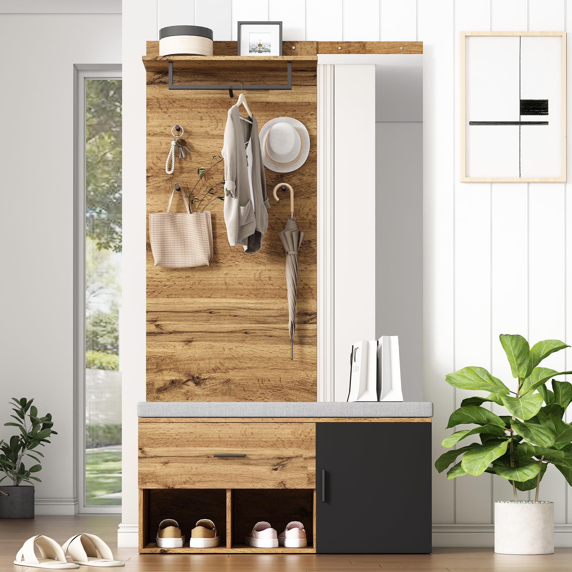 Juego de perchero de 190 cm de alto, efecto madera, con espejo, zapatero (104 x 39 cm) con cojín, zapatero, cajón, estante, perchero, diseño práctico para la entrada