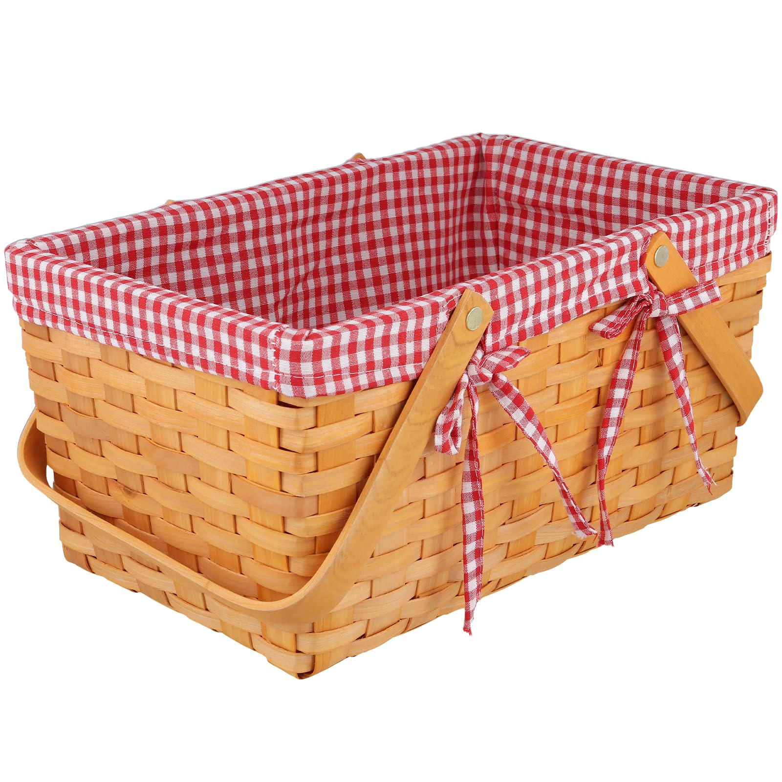 Cesta de picnic hecha a mano de madera, 34 x 21 x 16 cm, cesta de regalo trenzada con forro de tela, color marrón miel