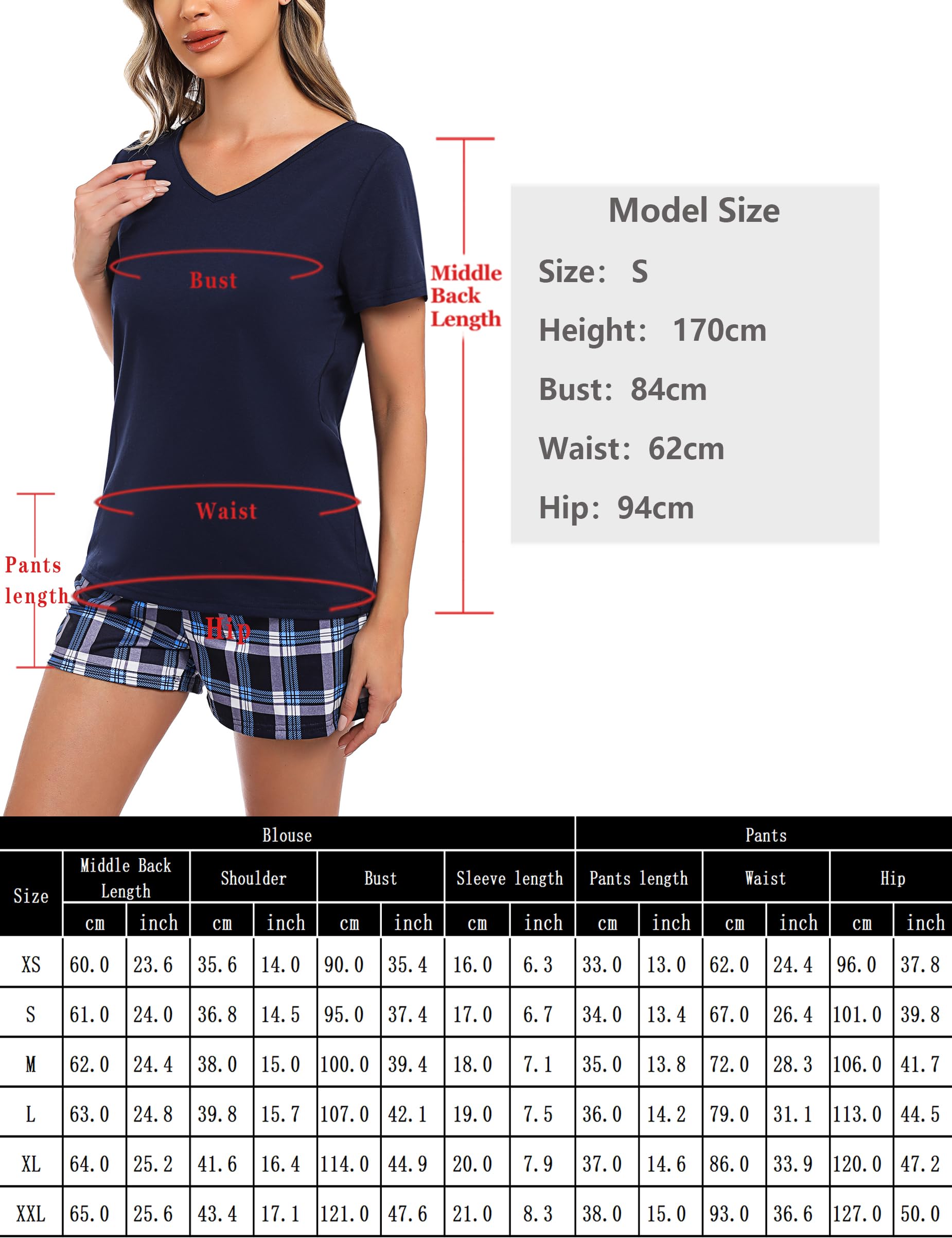 Bresdk Schlafanzug Damen Kurz Baumwolle Shorty Pyjama mit Karierter Shorts | Einfarbiges Kurzarm-Oberteil mit femininem V-Ausschnitt kombiniert mit klassisch karierter Shorts für einen stilvollen Look