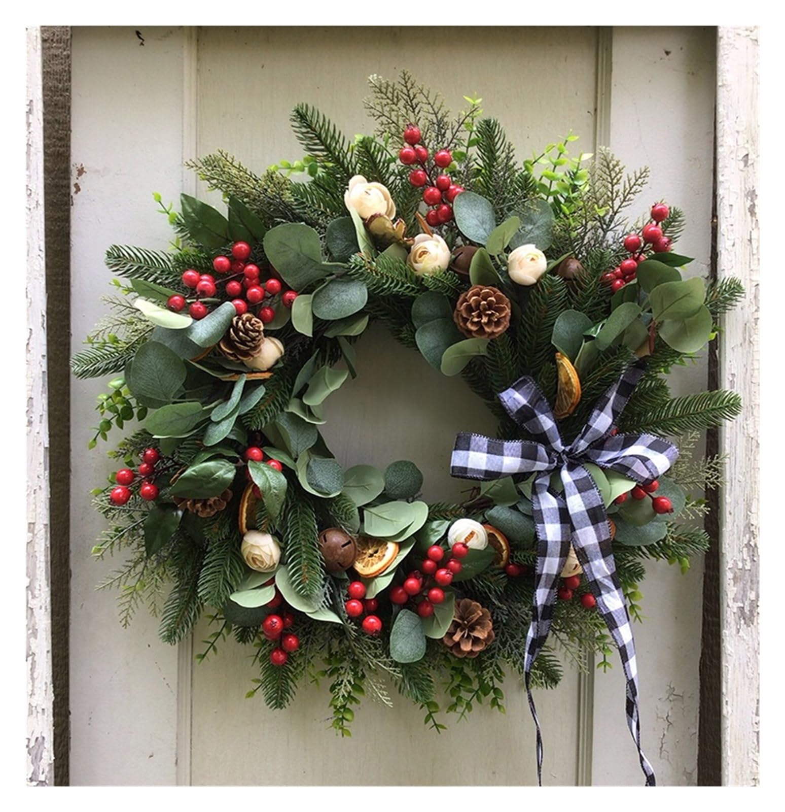 Winterkranz Dekokranz Weihnachtskranzdekoration for Die Haustür Mit Glöckchen Und Schleifen Adventskranz Christbaumschmuck(80cm)