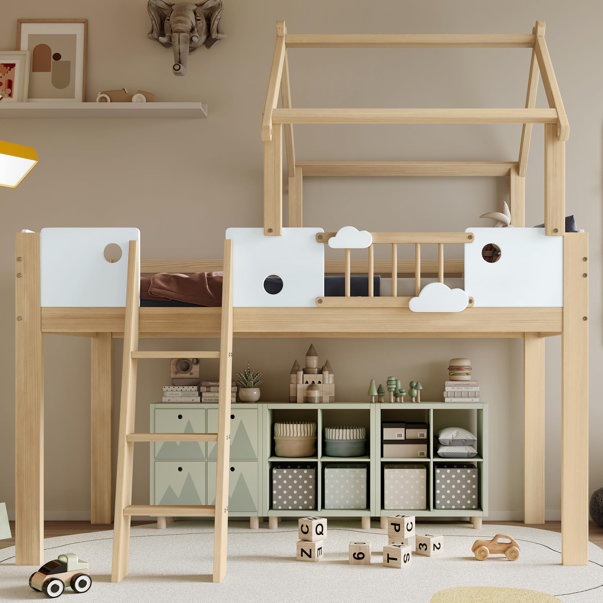 Sapgaks Lit Mezzanine Enfant,Toit au Design Unique, avec échelle inclinée à Trois marches,lit Enfant 90x200cm avec Protection antichute et barrières, Cadre en pin,lit cabane Enfants,(Blanc+Naturel-1)