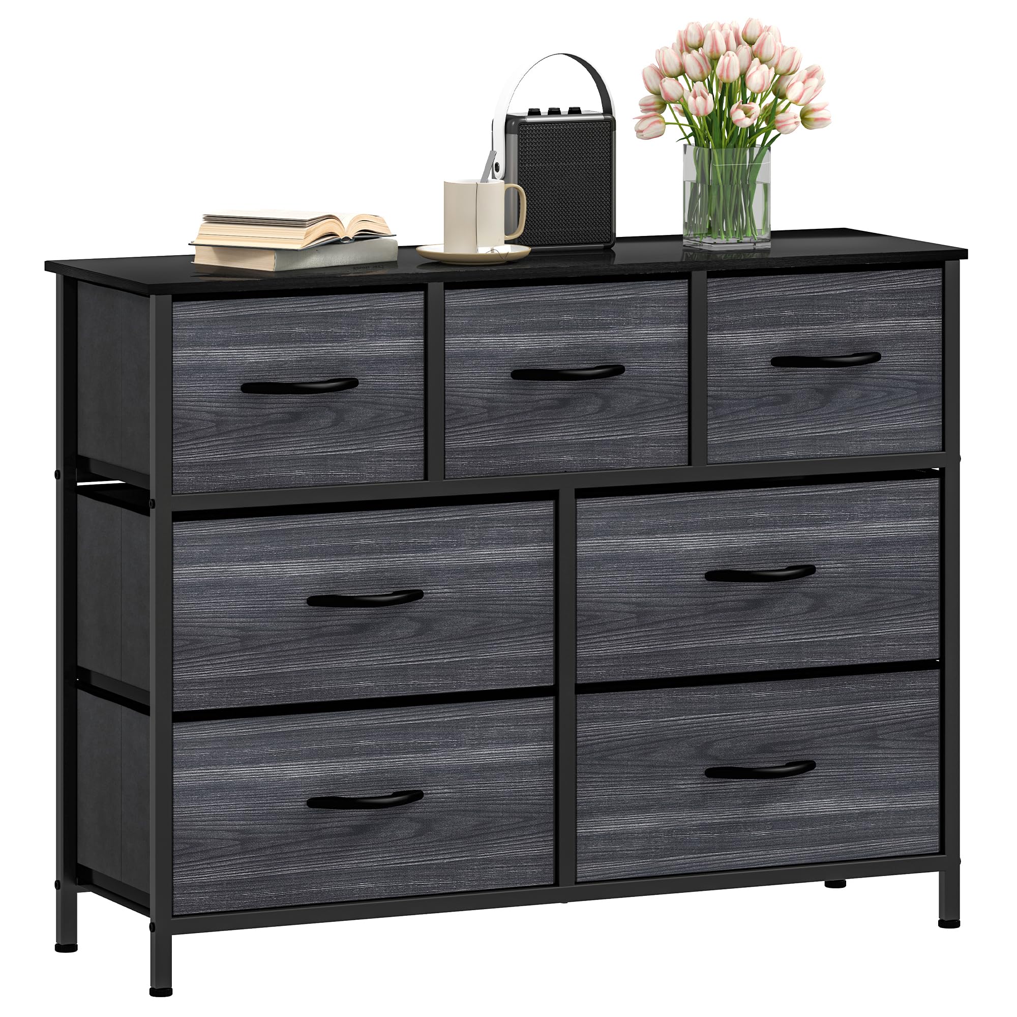DWVO Wide Chest of Drawers,Fabric Chest of Drawers Bedroom Cabinet with 7 Drawers,Dresser for Bedroom,Living Room With Handles,Wood Top and Sturdy Steel Frame, Charcoal Black Wood Grain