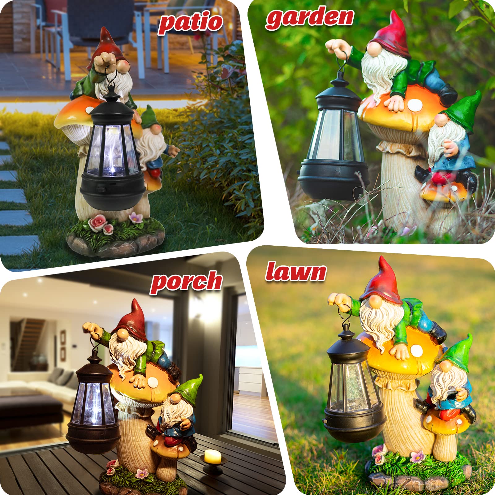 Estatua de gnomo de jardín, grande y divertida figura de gnomo que sube a los hongos y sostiene una linterna solar LED de resina para patio, patio, césped, porche, decoración al aire libre