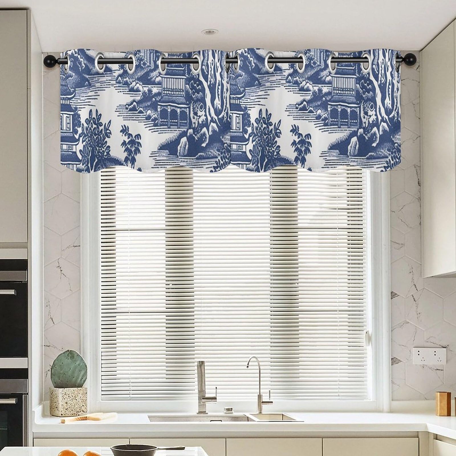 Cantonnière pagode bleue pour salle de bain et cuisine style ethnique lot de 2