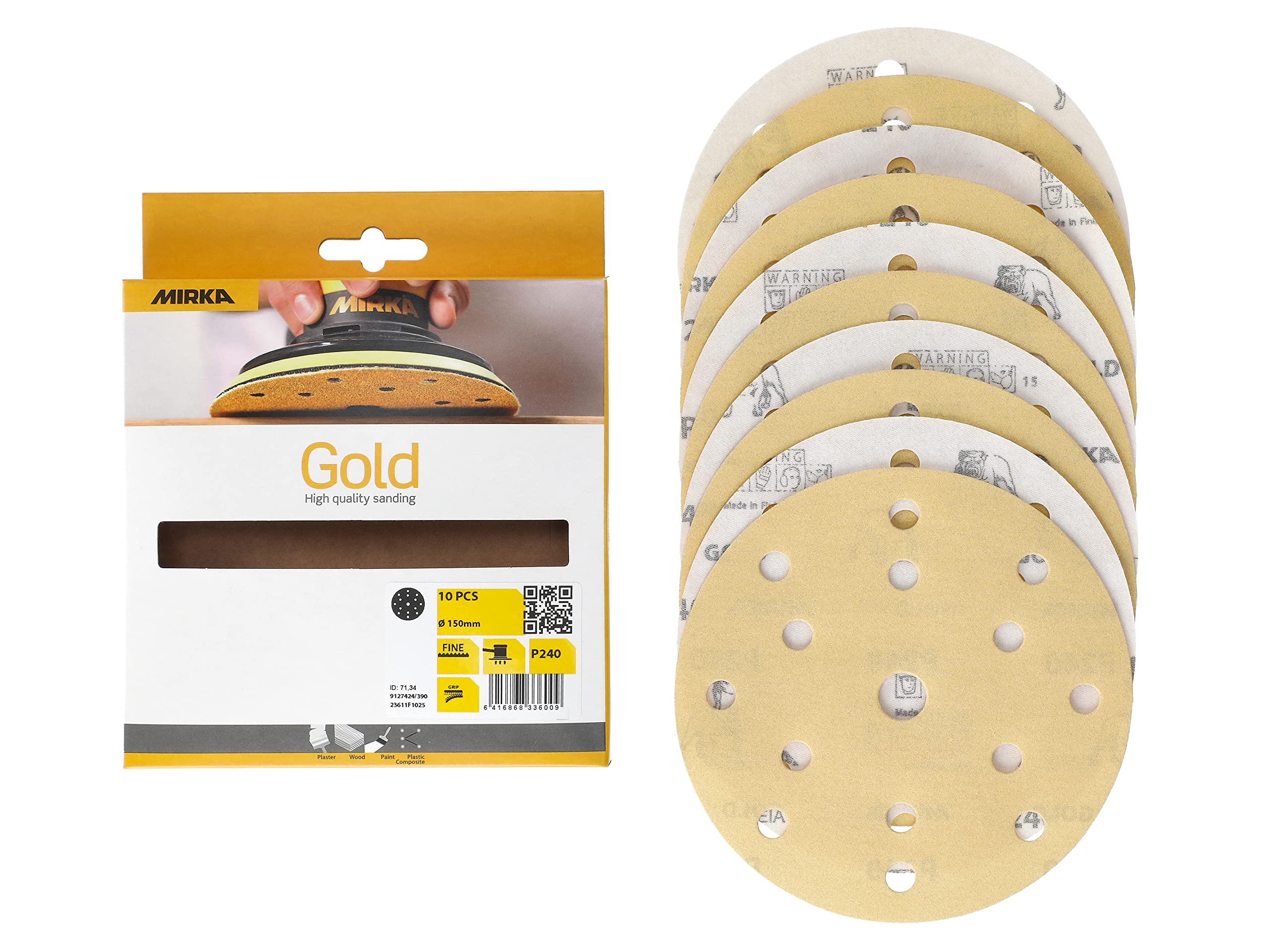 Mirka Gold Universal Sanding Paper Ø 150mm Sanding discs Hook & loop 15-hole, grit P240, 10 pcs/For sanding plaster, filler, chipboard, wood, varnish