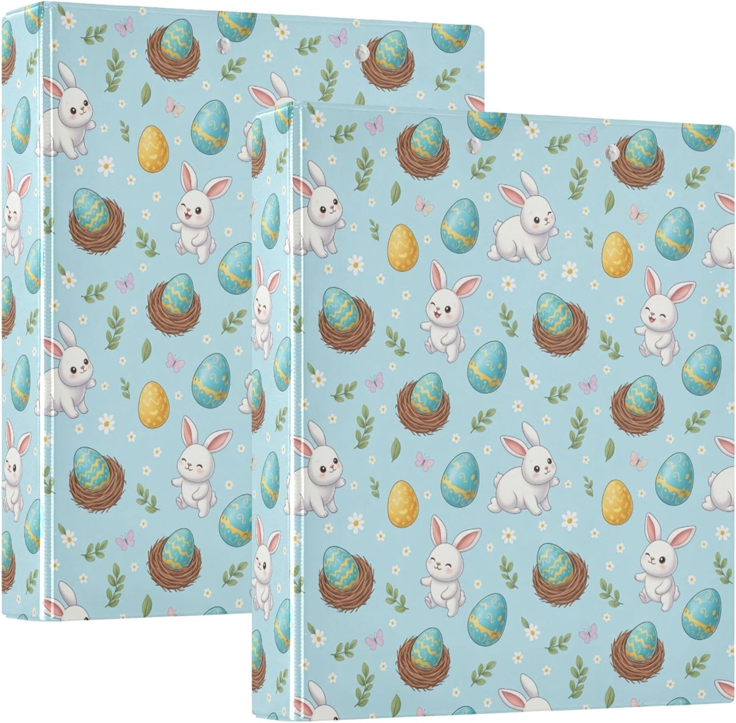 Easter Bunny and Egg 3 Ring Binders, 1.5” Round Ring Binders with Clipboard - Letter Size, 3 Interior PVC Clear Pockets & Anti-Slip Clip for Office School Supplies, 2PCS