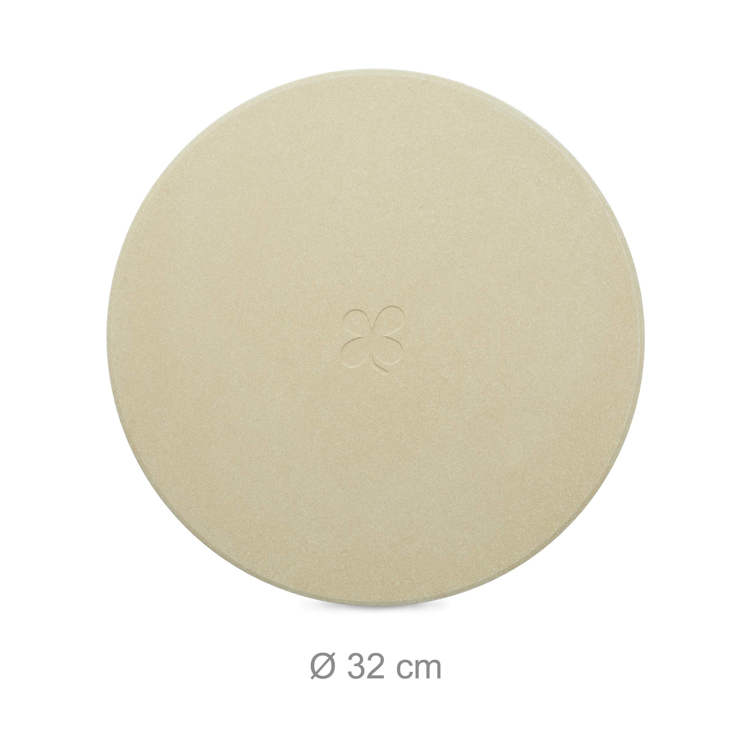 Relaxdays 10020491 Pierre à pizza ronde 1 cm avec support en métal pierre à pain cuisson four pelle à pizza bois spatule HxlxP: 4 x 32 x 32 cm, nature