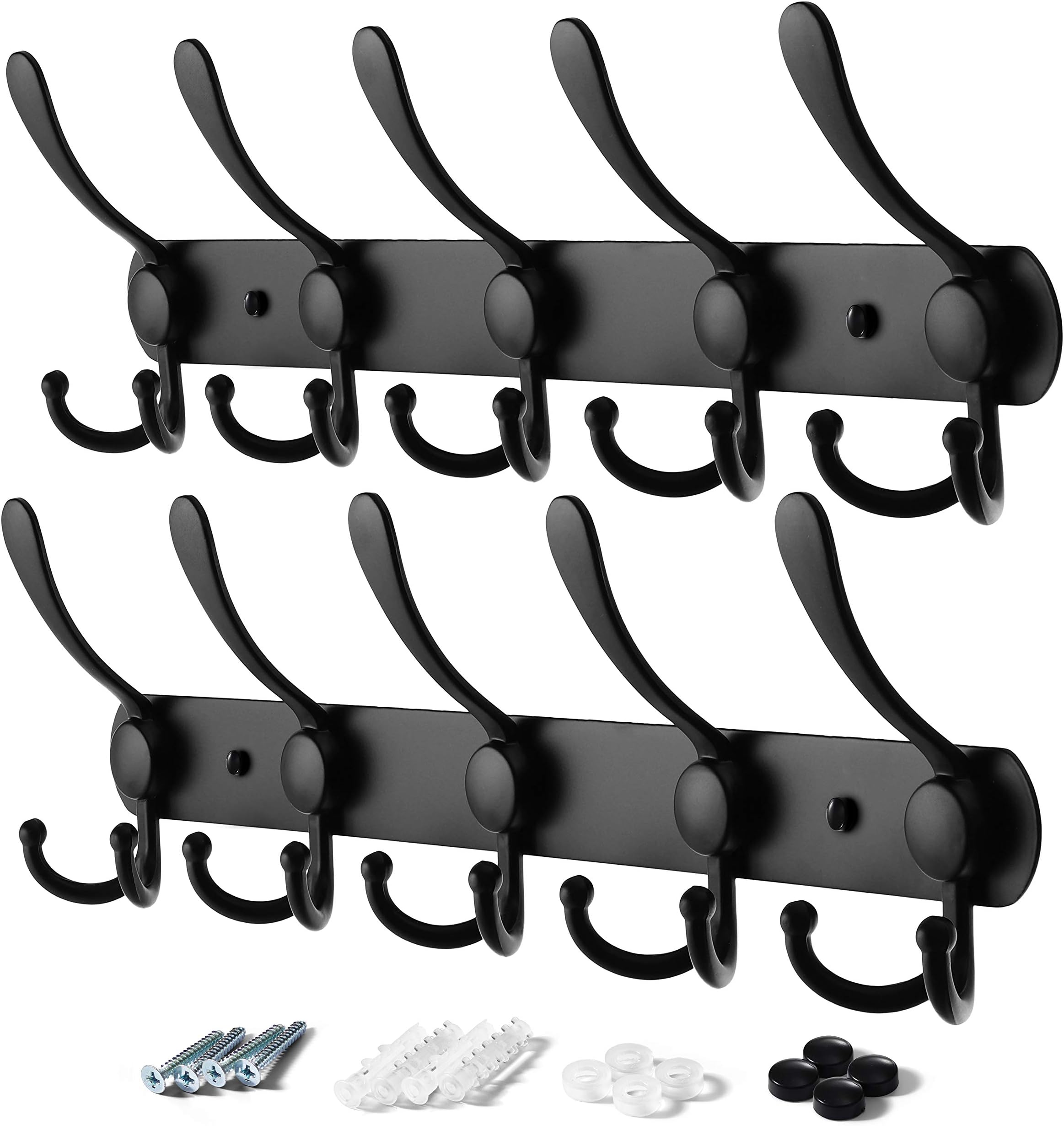 VASGOR 2pcs Heavy Duty Wall Mount Coat Hook, Stainless Steel Rack of 5 Tri Hooks for Coats, Towels, Purse Robes Keys and Hats Multi Purpose for Kitchen, Bedroom, Bathroom, Entryway (Black)