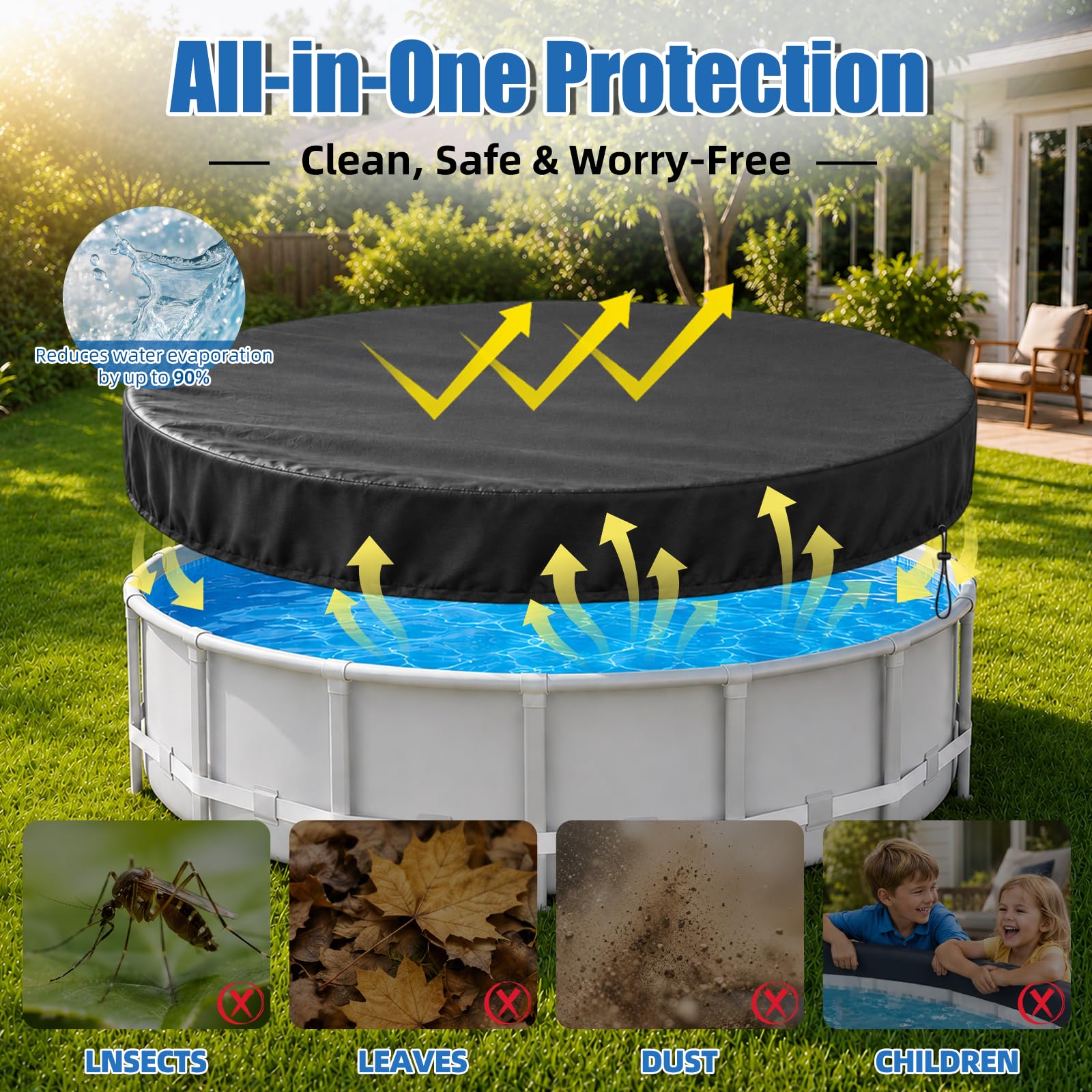 Bâche de piscine ronde Ø 366, 420D - Pour l'été et l'hiver - Pour piscine de 320 à 360 cm de diamètre - Étanche - Protection UV - Avec cordon de serrage et ancrages au sol - Pour piscines