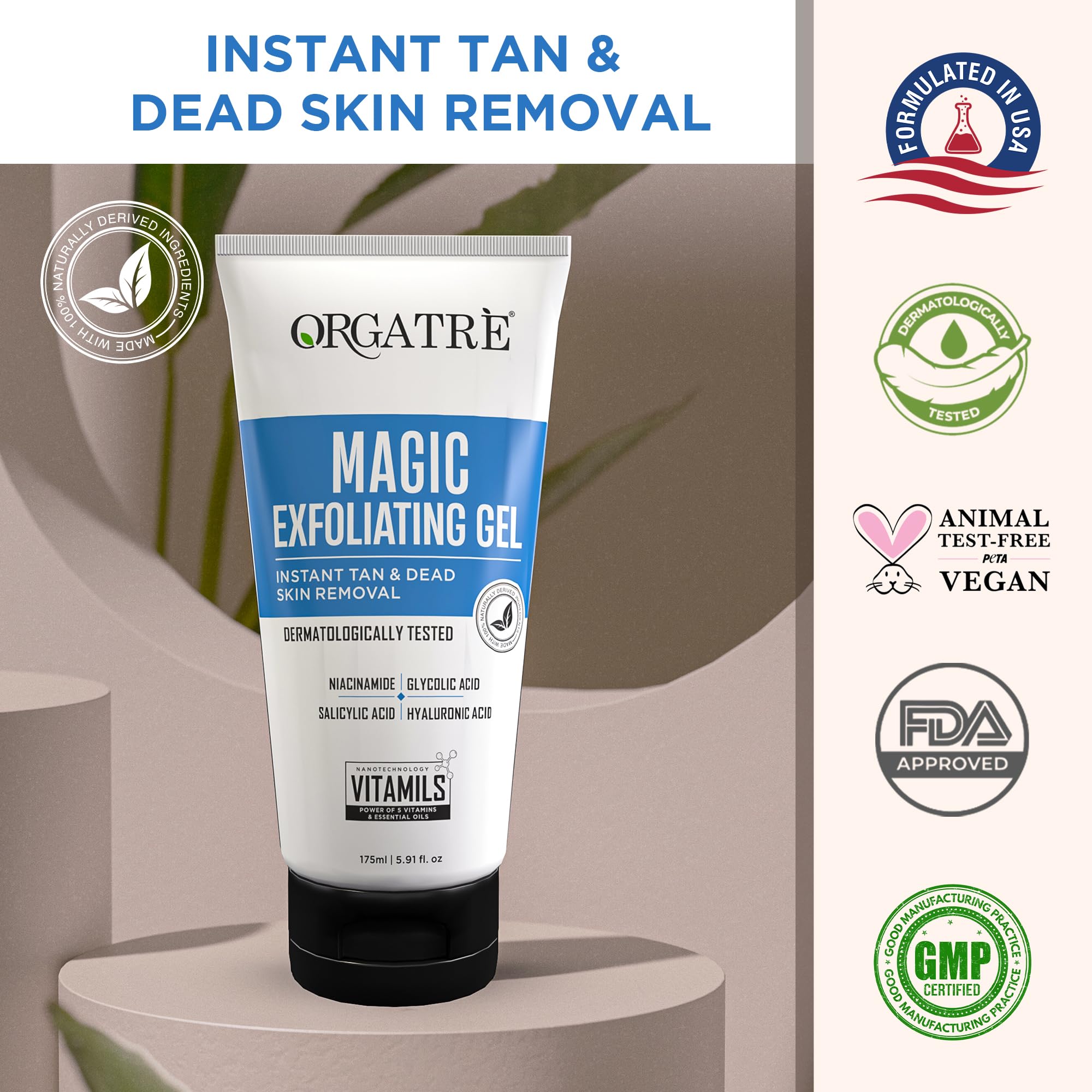 ORGATRE Magic Exfoliating Scrub Gel for Face & Body | Tan Removal & Dead Skin Exfoliator with Glycolic Acid, Salicylic Acid, Niacinamide & Hyaluronic Acid | 175ml De-Tan Gel for Glowing Skin | Dermat Tested - Image 4 thumbnail