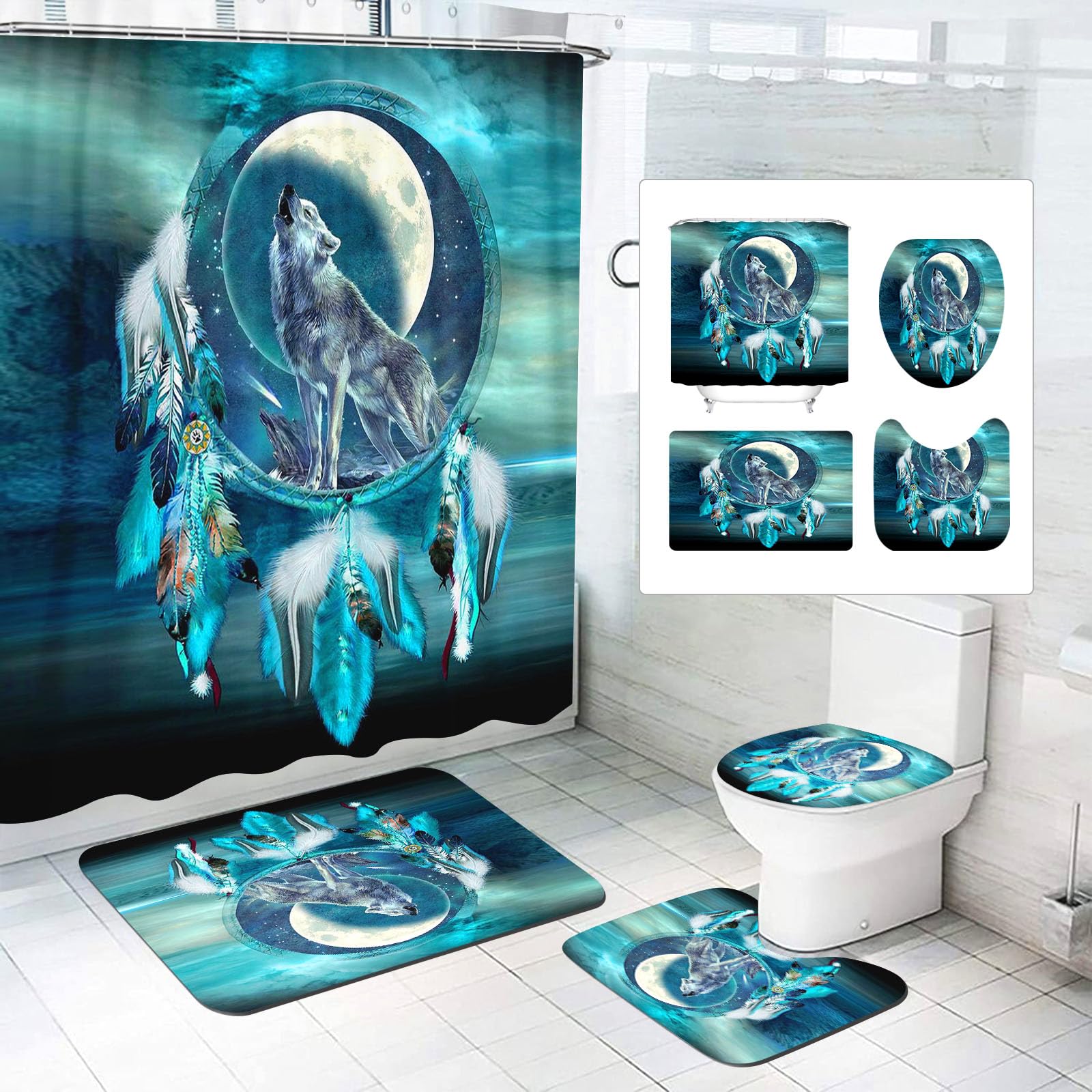 SMchwbc 4-Piece Wolf Shower Curtain Sets Forest Moon Wolf Shower Curtain 180 x 200 cm Wolves Textile Forest Animal Shower Curtains Polyester Bathroom Rug 4-Piece Set (120 x 200 cm (W x H), 8)