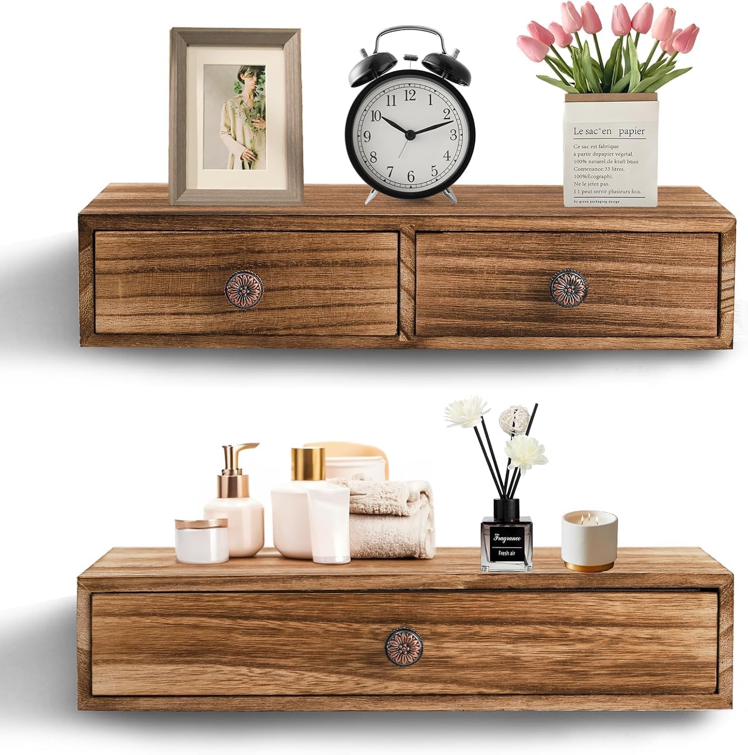 Wood Floating Wall Mounted Drawers on a Floating Shelves with Drawers for Bedrooms, Living Rooms, and Displays Two Vintage Bedside Shelves (Pine) Wood (Brown)-image-28