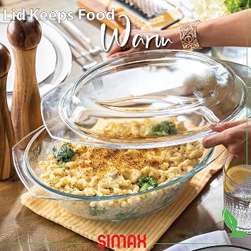 Simax Clear Oval Shaped Glass Casserole with Tight Fitting Lid Heat, Cold and Shock Proof Made in Europe Oven, Freezer and Dishwasher Safe 3 Quart (Plus 1.4 Quart Lid) Glass Baking Dish